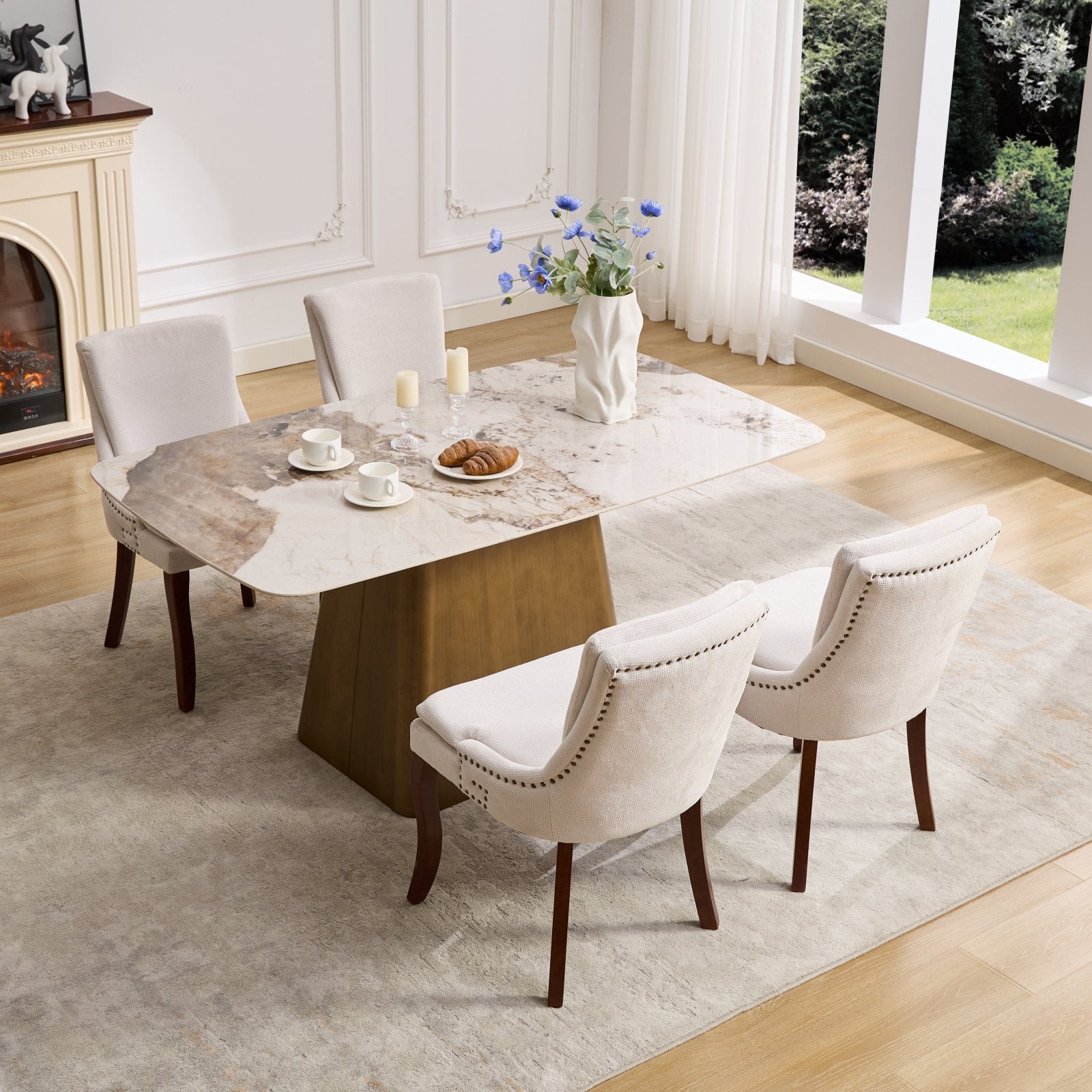 ChenilleUpholstered Dining Chairs with Curved Solid Wood Legs, Set of 2