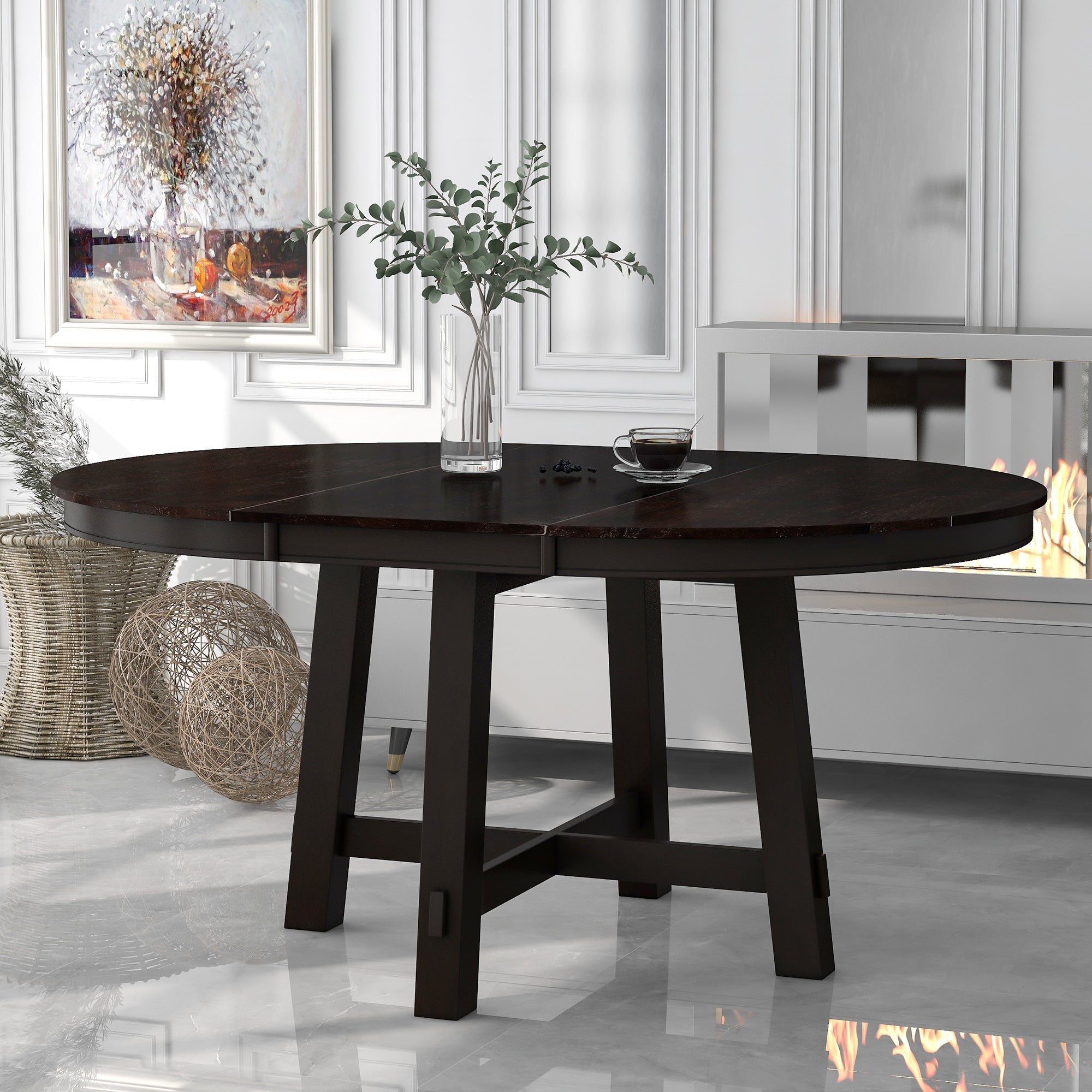 Farmhouse Round Extendable Dining Table with 16 Leaf