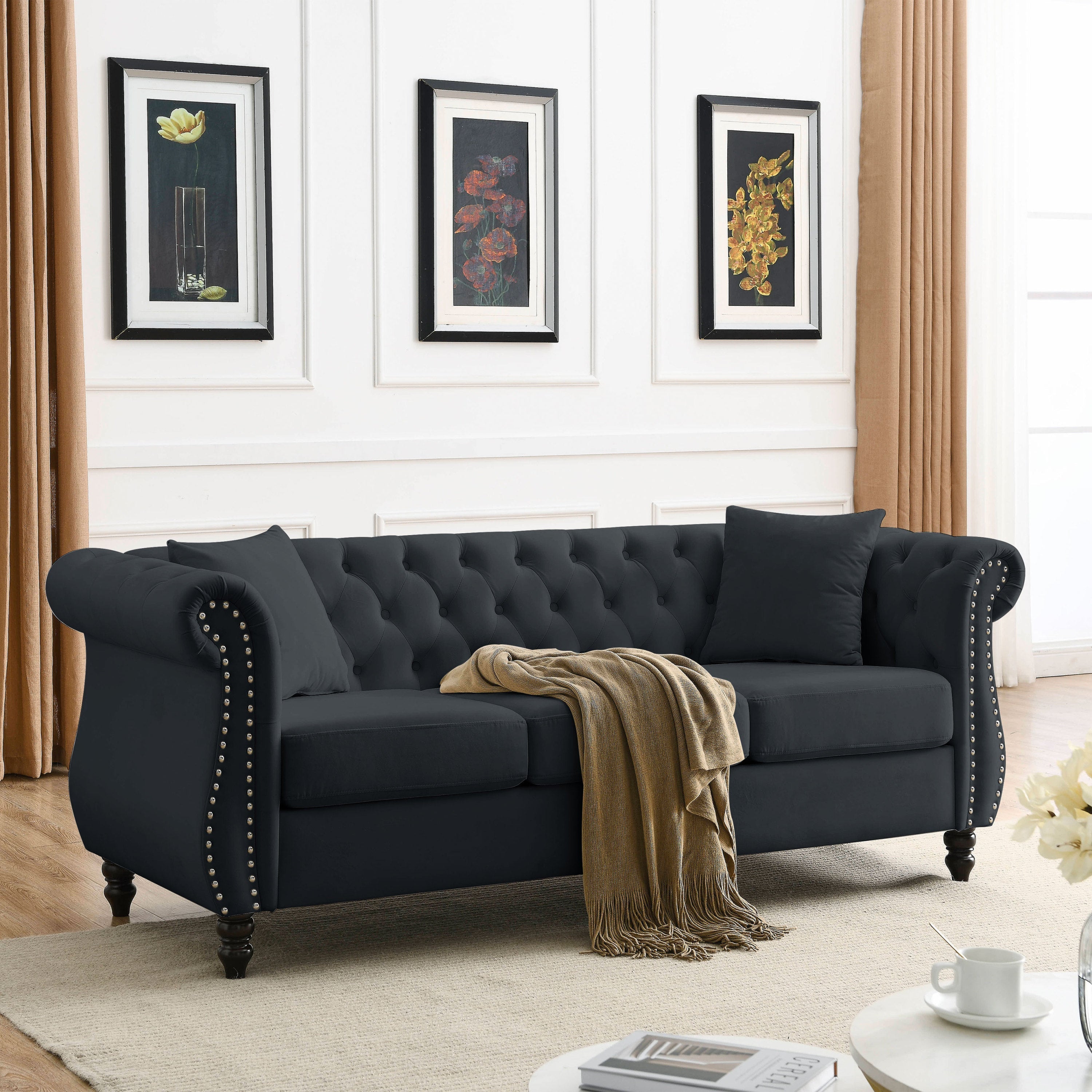 Nailhead Velvet Chesterfield 3-Seater Sofa
