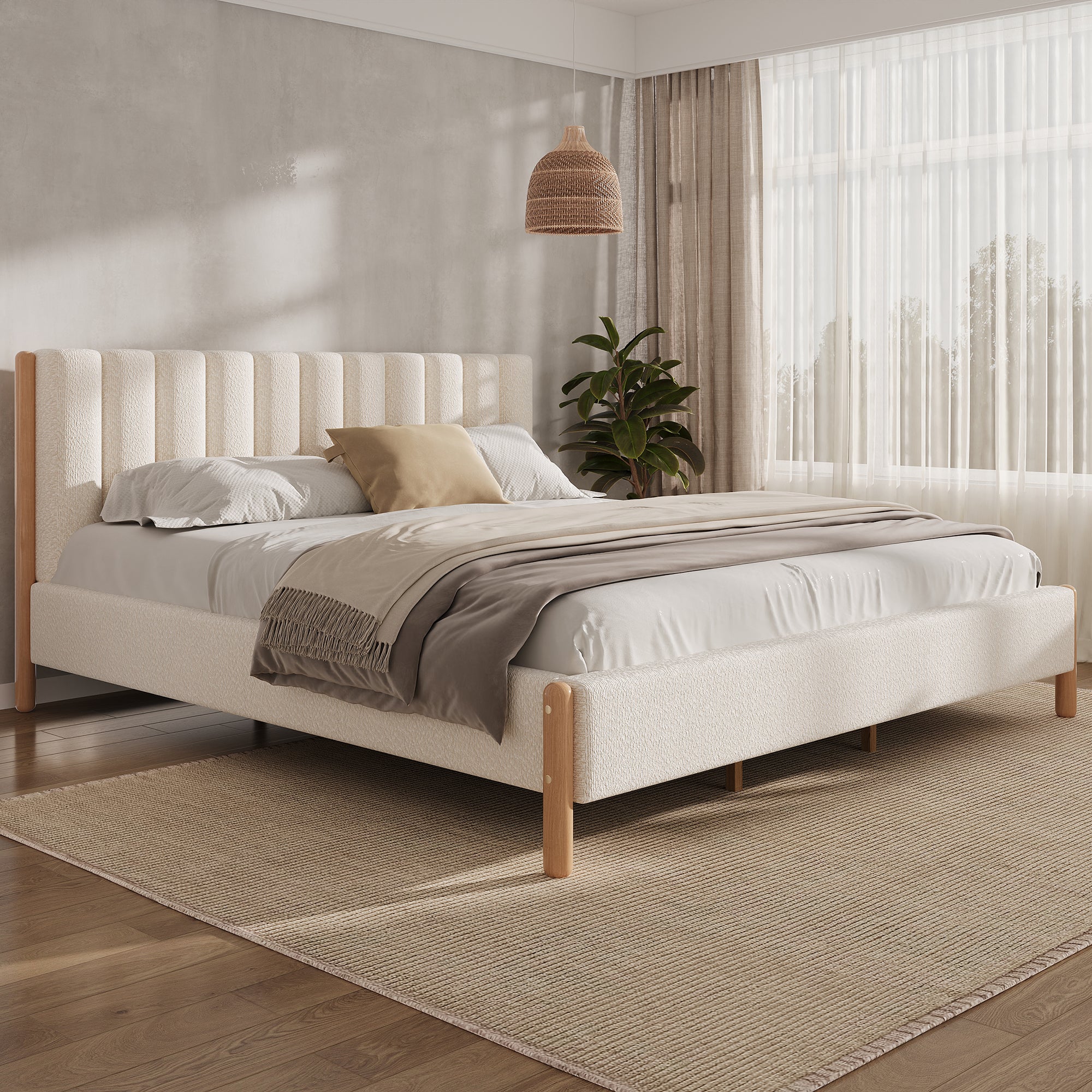 Boucle Upholstered Headboard Bed