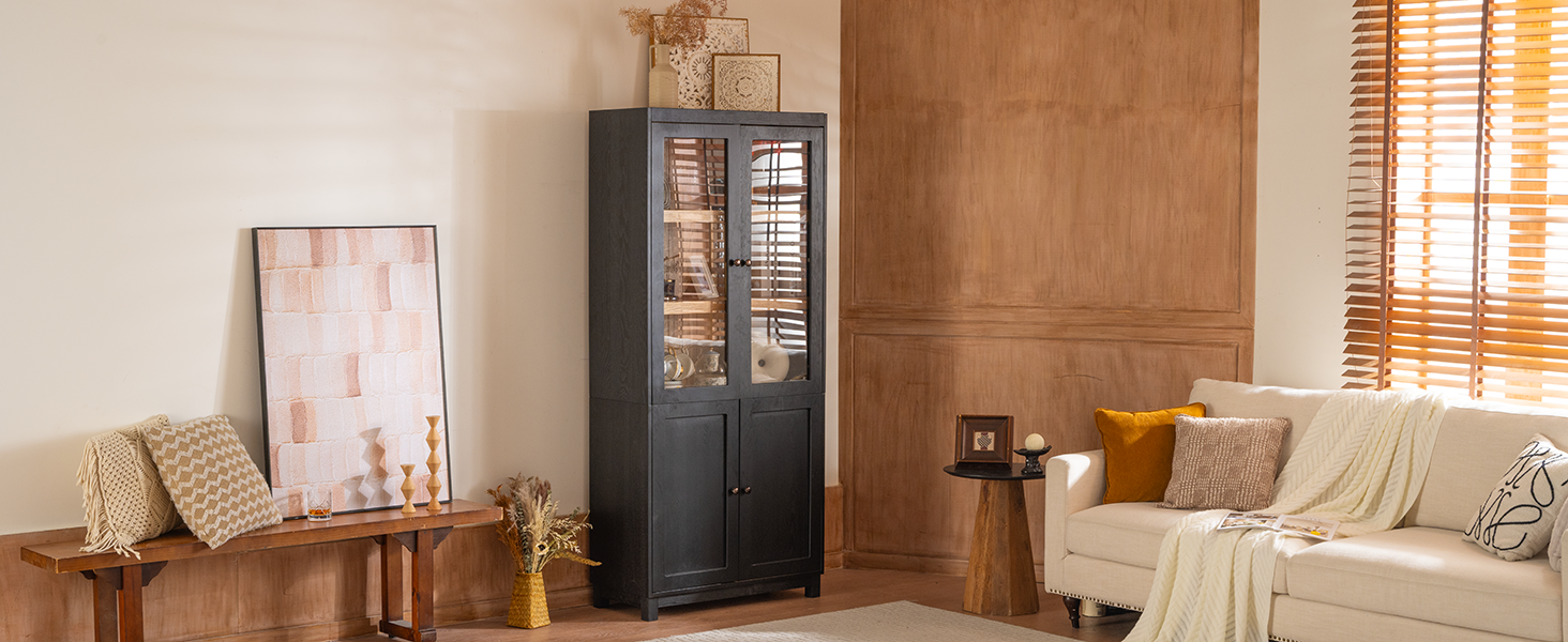 Mid-Century Modern Style Tall Display Cabinet with Glass Doors