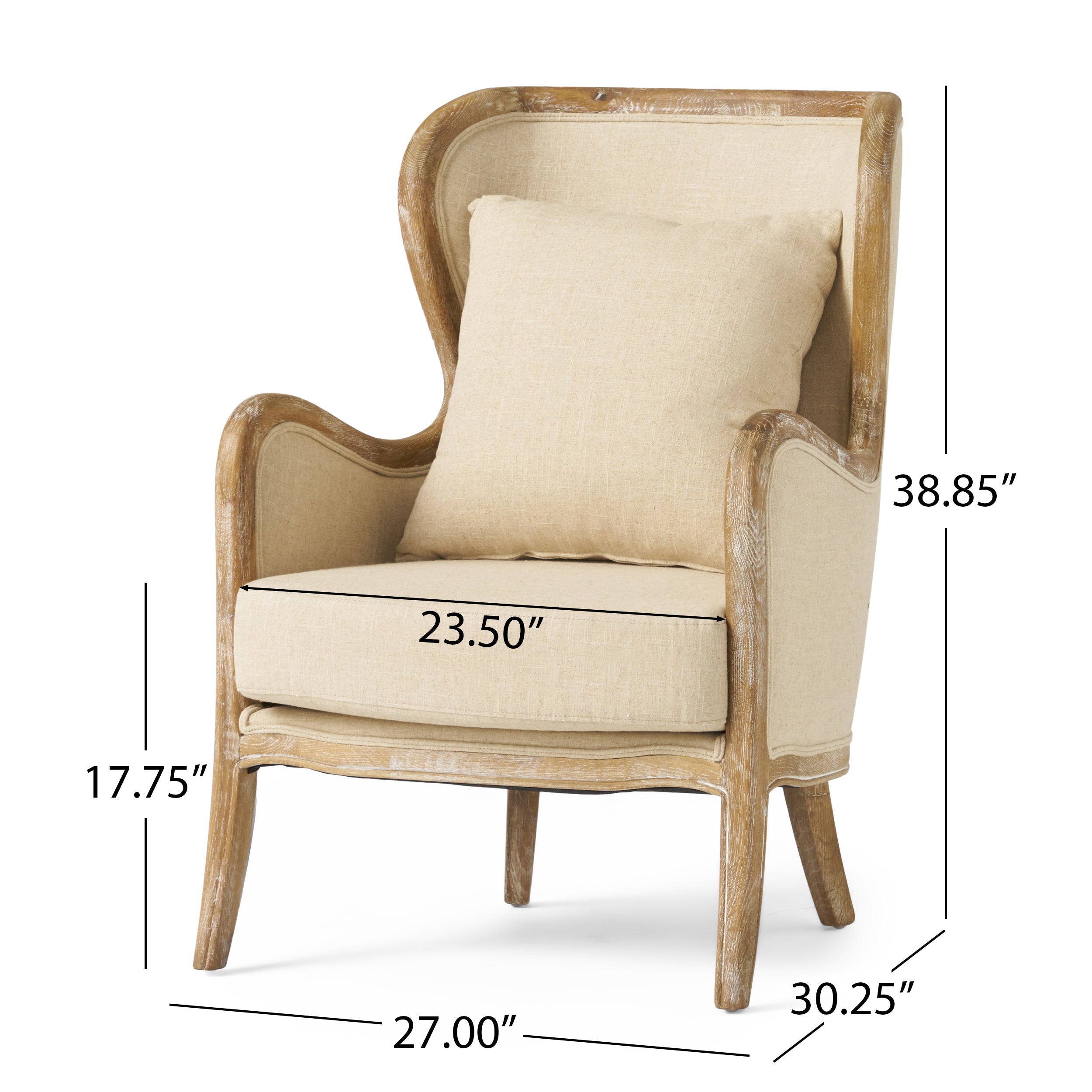 Crenshaw Beige Fabric Wing Arm Chair with Oak Frame and High Back