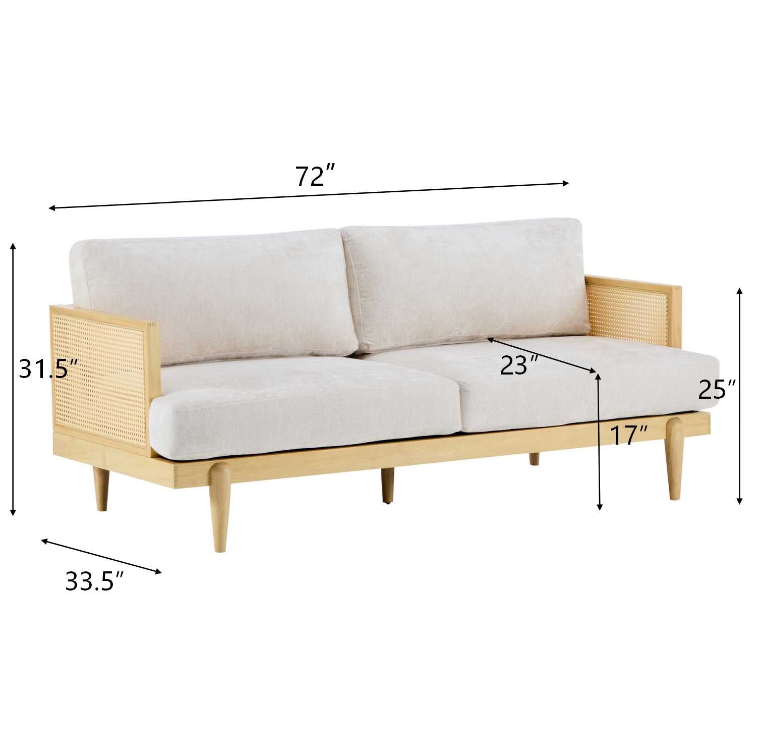 Square Arm 3-Seater Sofa with Cane Rattan and Wooden Frame