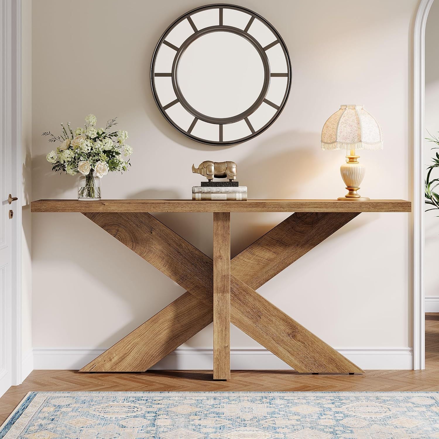 Bridgemont Farmhouse Console Table with Geometric Wooden Base
