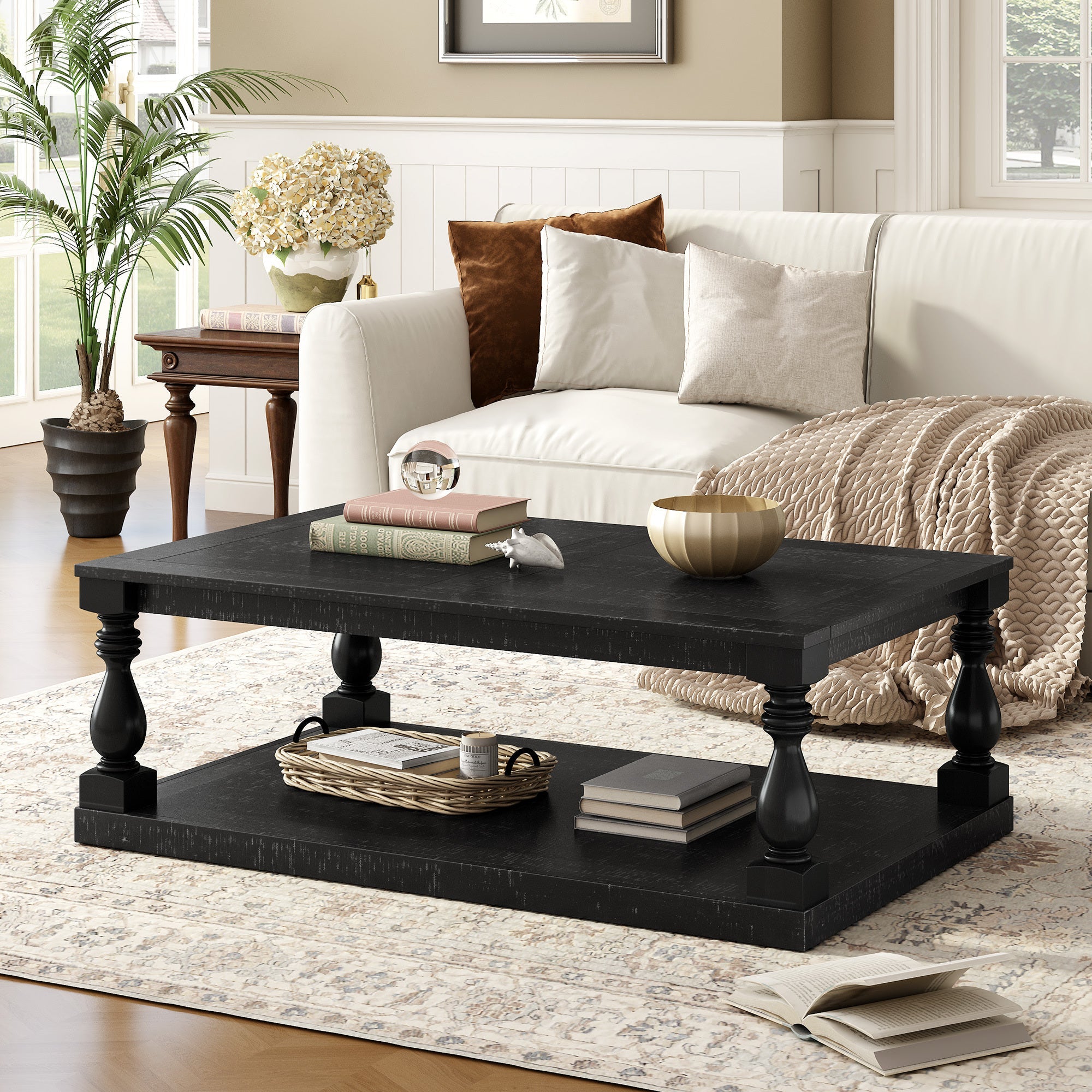 Farmhouse Turned-Leg Coffee Table with Bottom Shelf