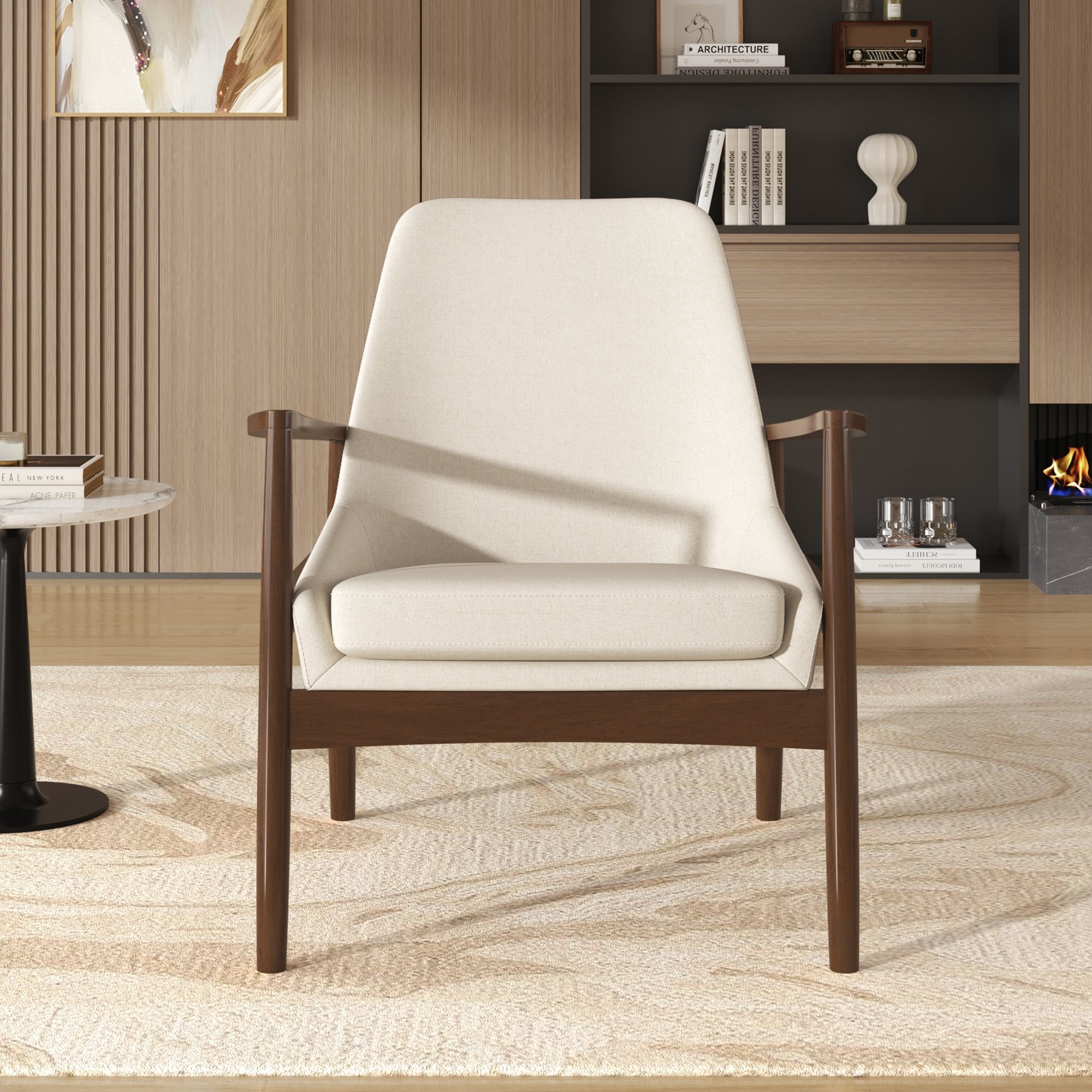 Faux Leather Mid-Century Modern Armchair with Solid Wood Frame