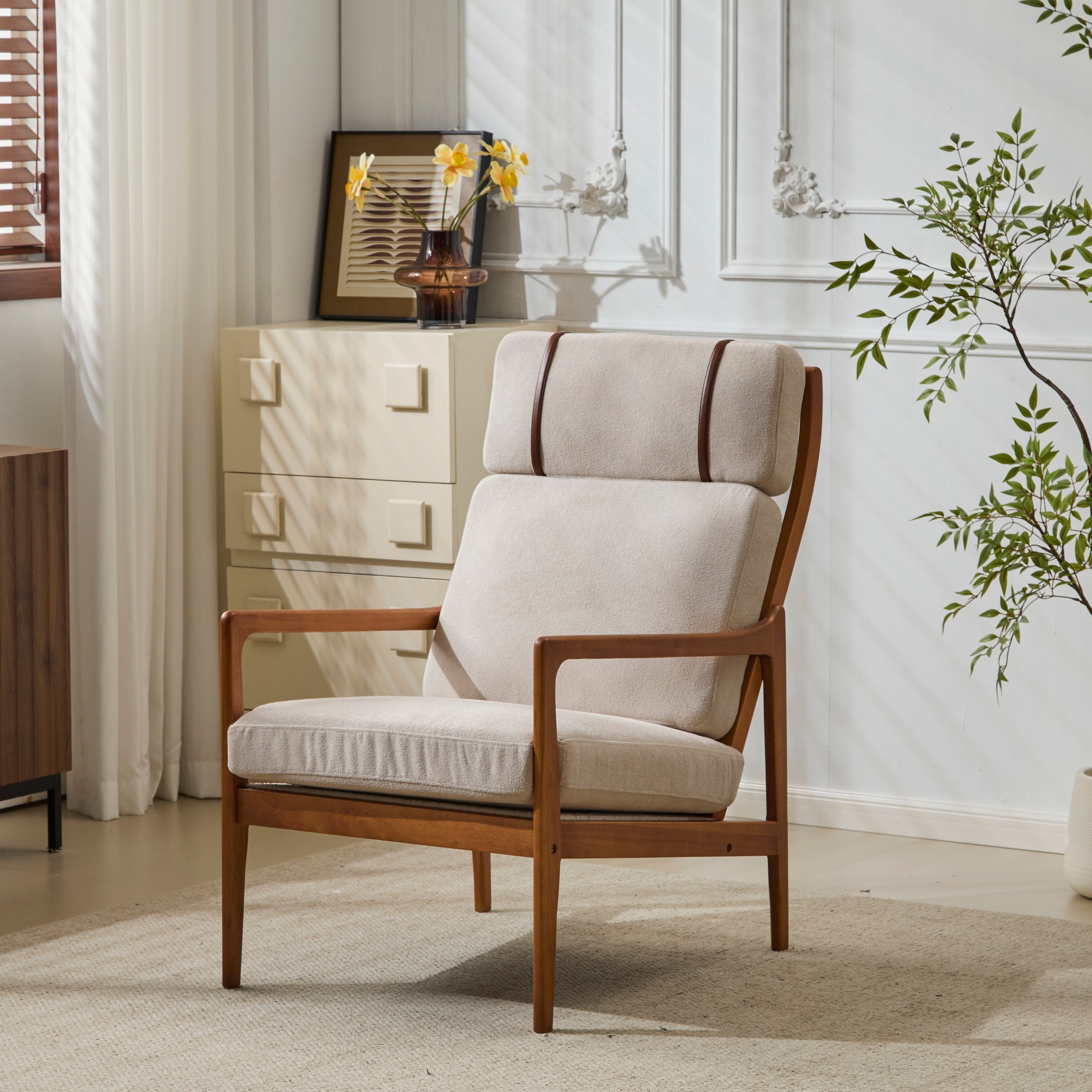Birchmere Mid Century Modern Accent Armchair, Solid Wood Frame with High Back & Upholstered Cushions