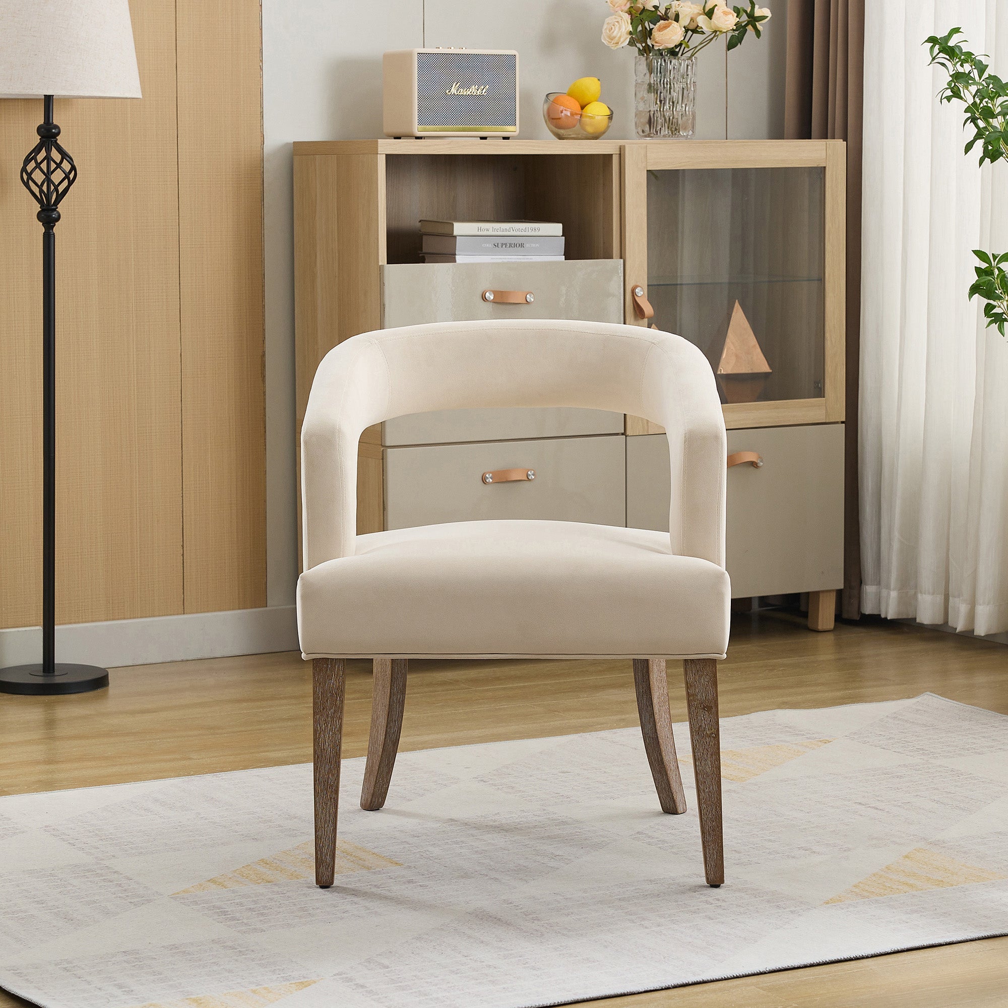 Velvet Open Back Barrel Upholstered Accent Chair with Weathered Solid Wood Legs