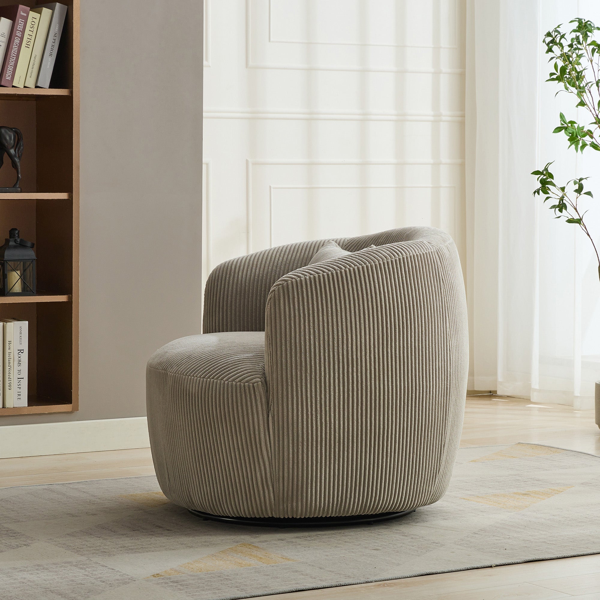 Wide Upholstered Corduroy 360° Swivel Barrel Soft Accent Chair with Pillow