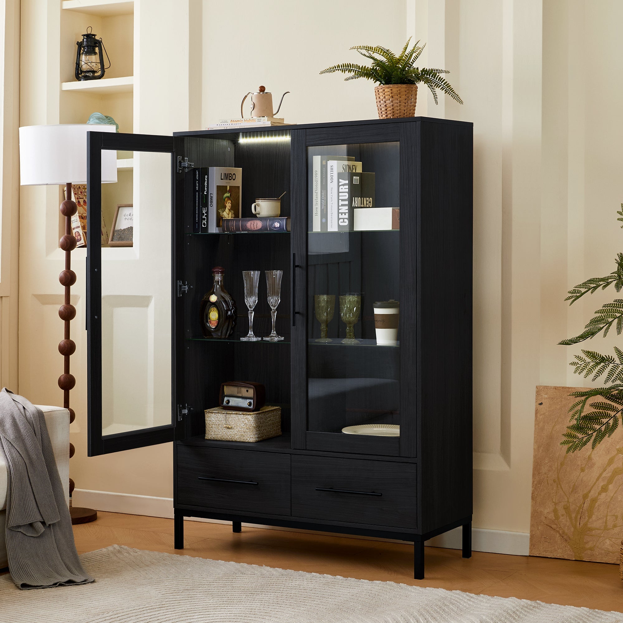 Wide Farmhouse Storage Cabinet with 4-Tier Adjustable Glass Shelves