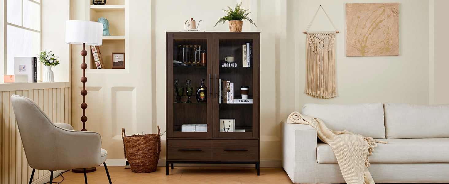 Wide Farmhouse Storage Cabinet with 4-Tier Adjustable Glass Shelves