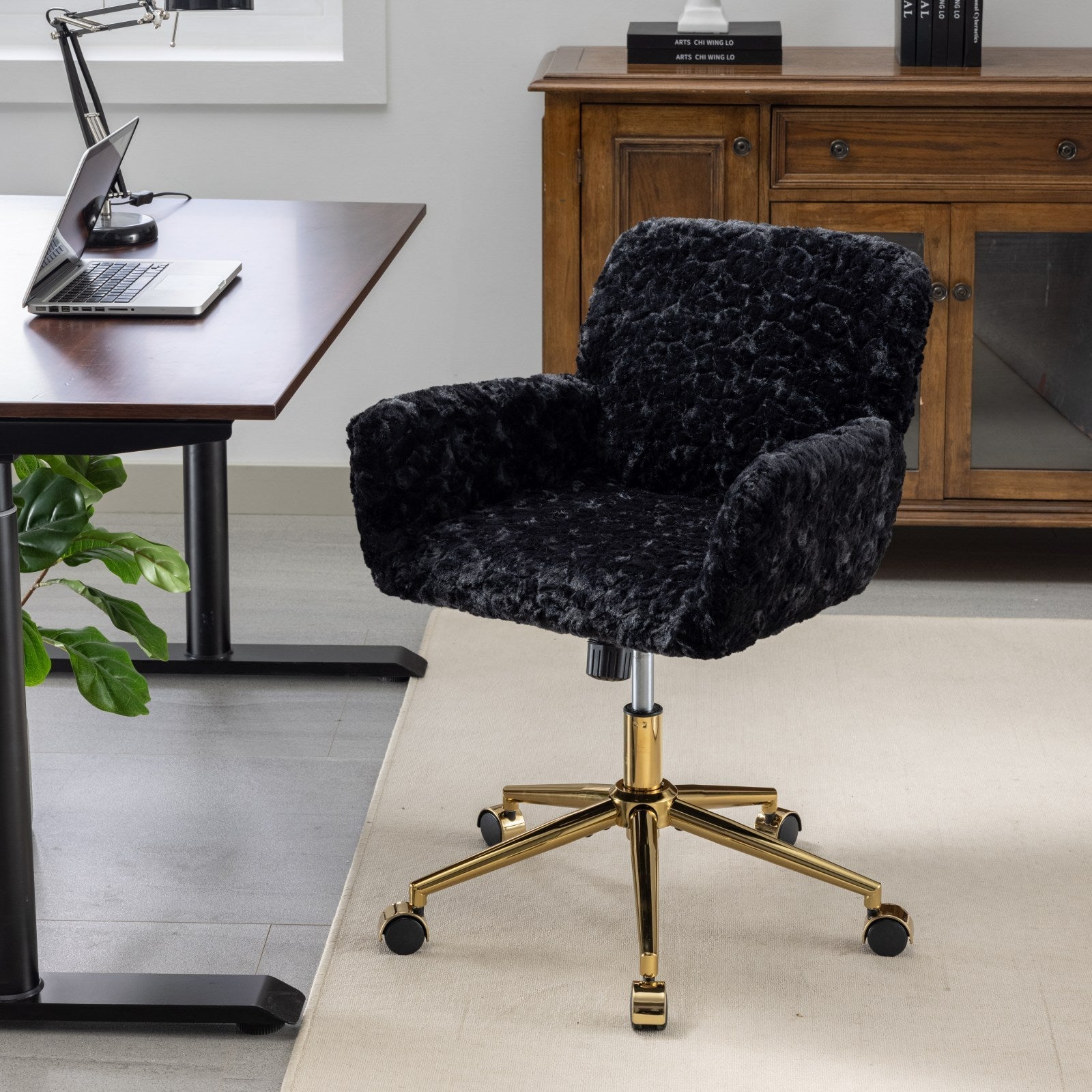 Faux Rabbit Hair Office Chair with Golden Metal Base, Adjustable Swivel