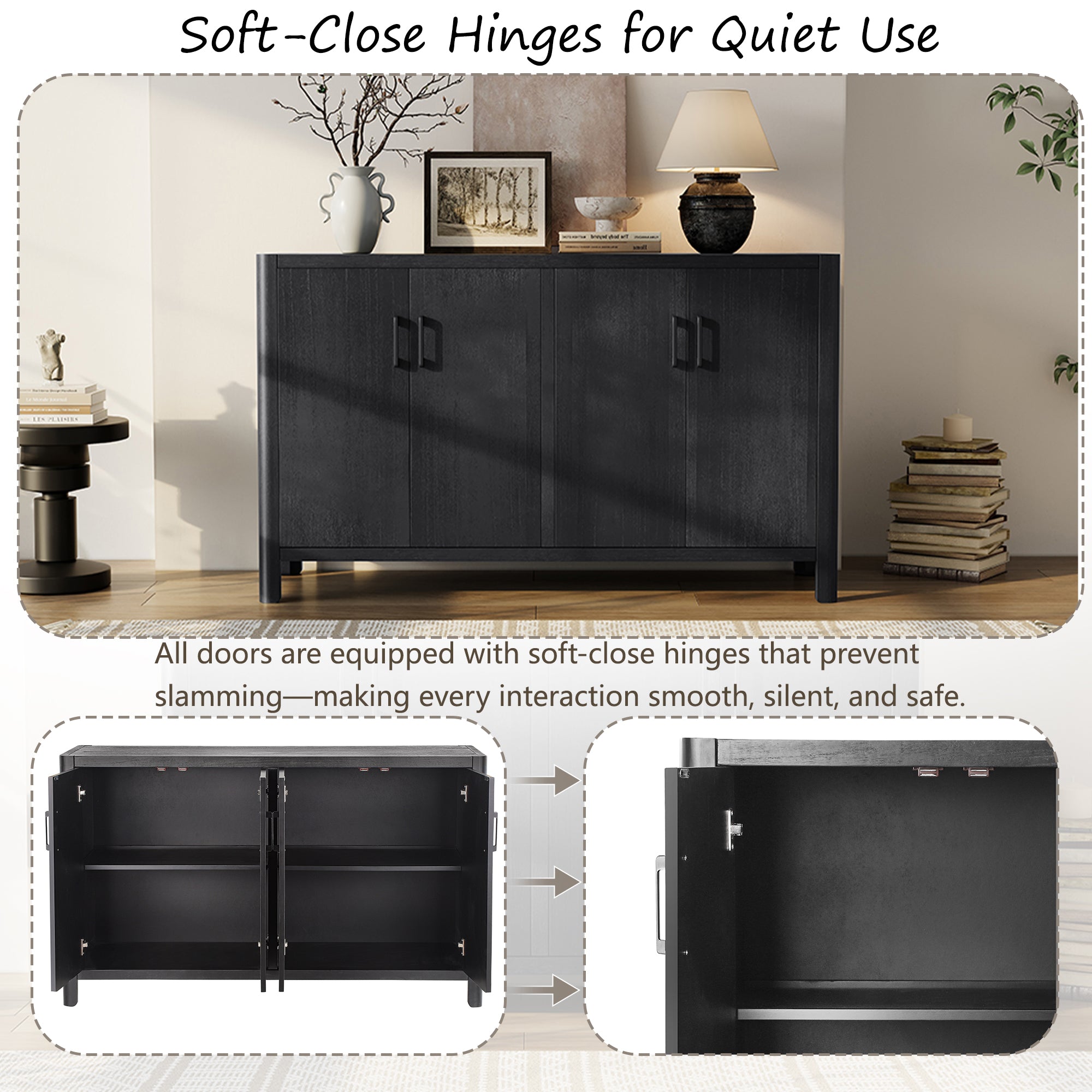 Farmhouse Style 4-Door Cabinet with Natural Distressed Finish