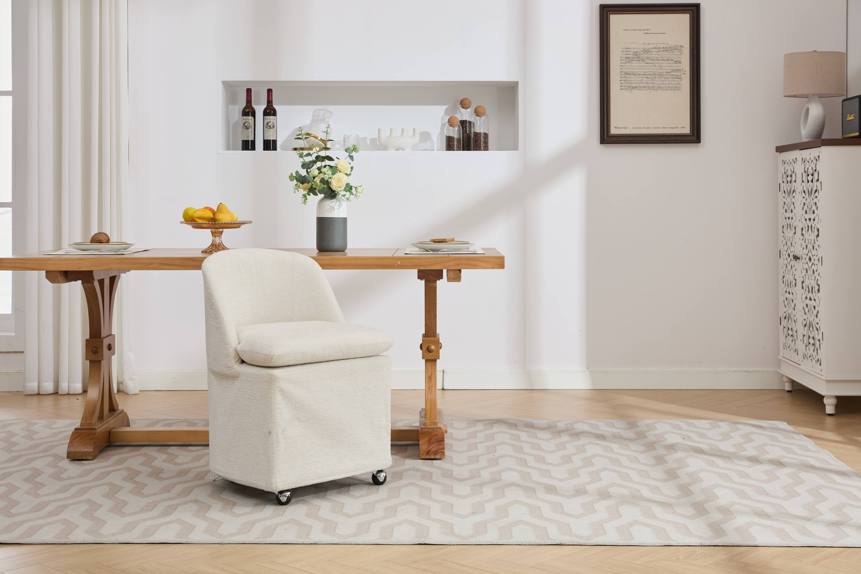 Greymont Chenille Upholstered Armless Dining Chairs With Wheels, Set of 2