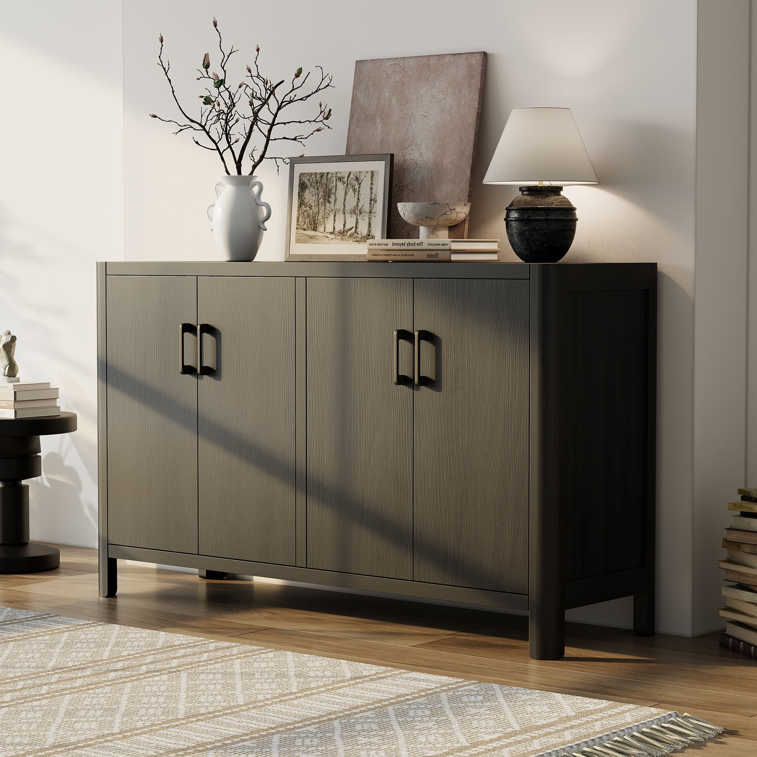 Farmhouse Style 4-Door Cabinet with Natural Distressed Finish