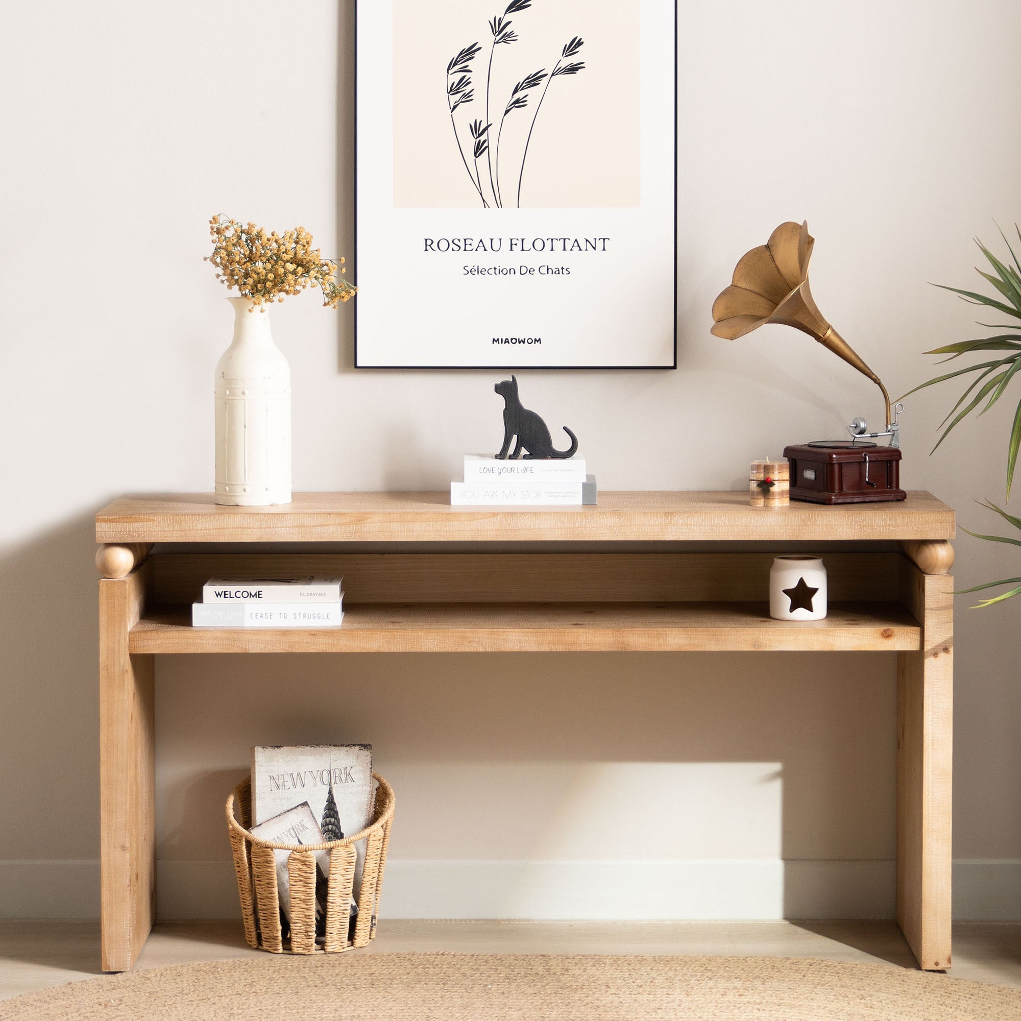 Modern Rustic Console Table with Shelf & Decorative Bead Detail