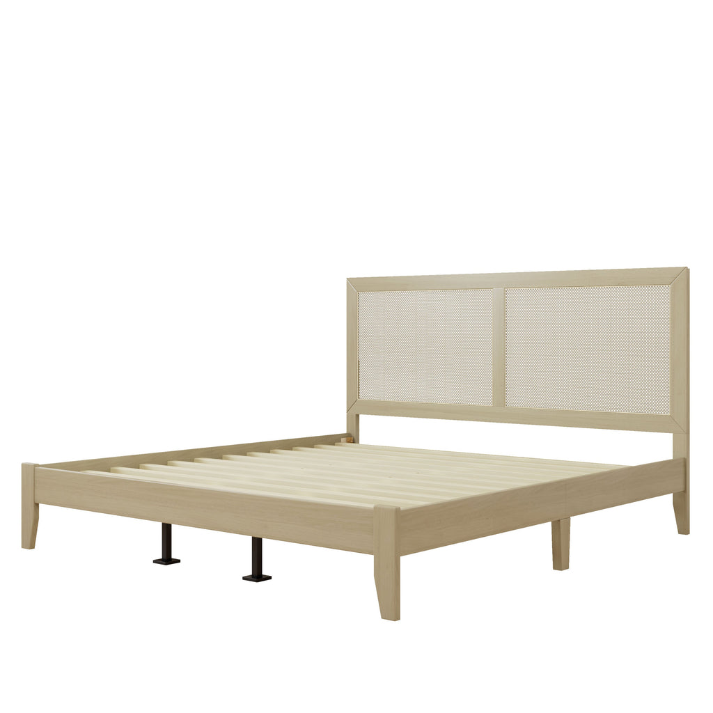 Solid Wood Platform Bed With Rattan