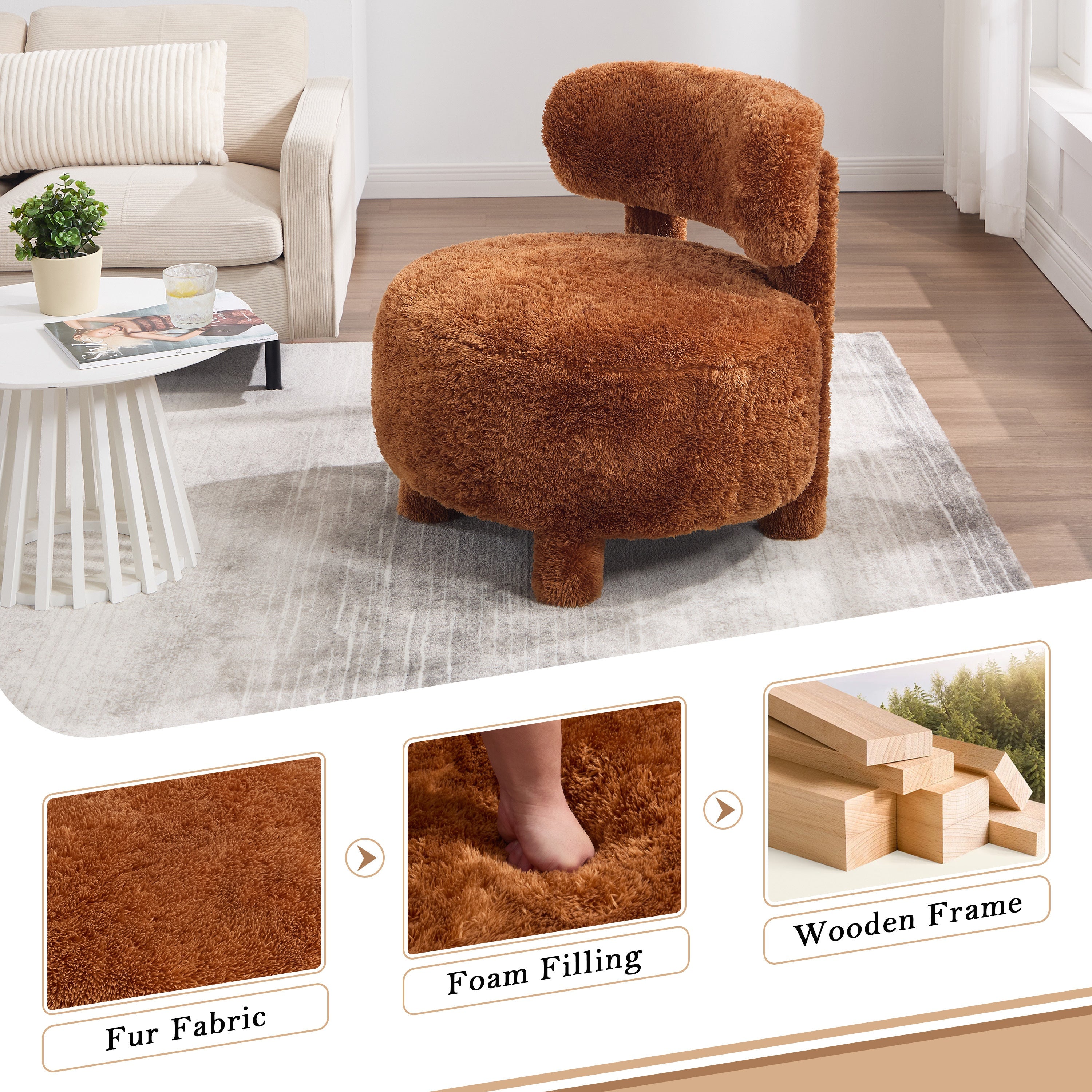 Fuzzy Armless Accent Chair with Curved Backrest and Solid Wooden Legs