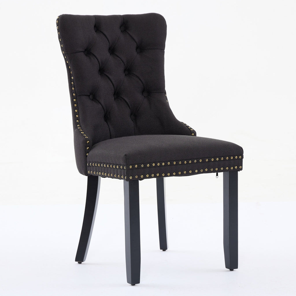 Rosewick Modern Tufted Linen Nailhead Trim Solid Wood Upholstered Dining Chair with Black Legs, Set of 2