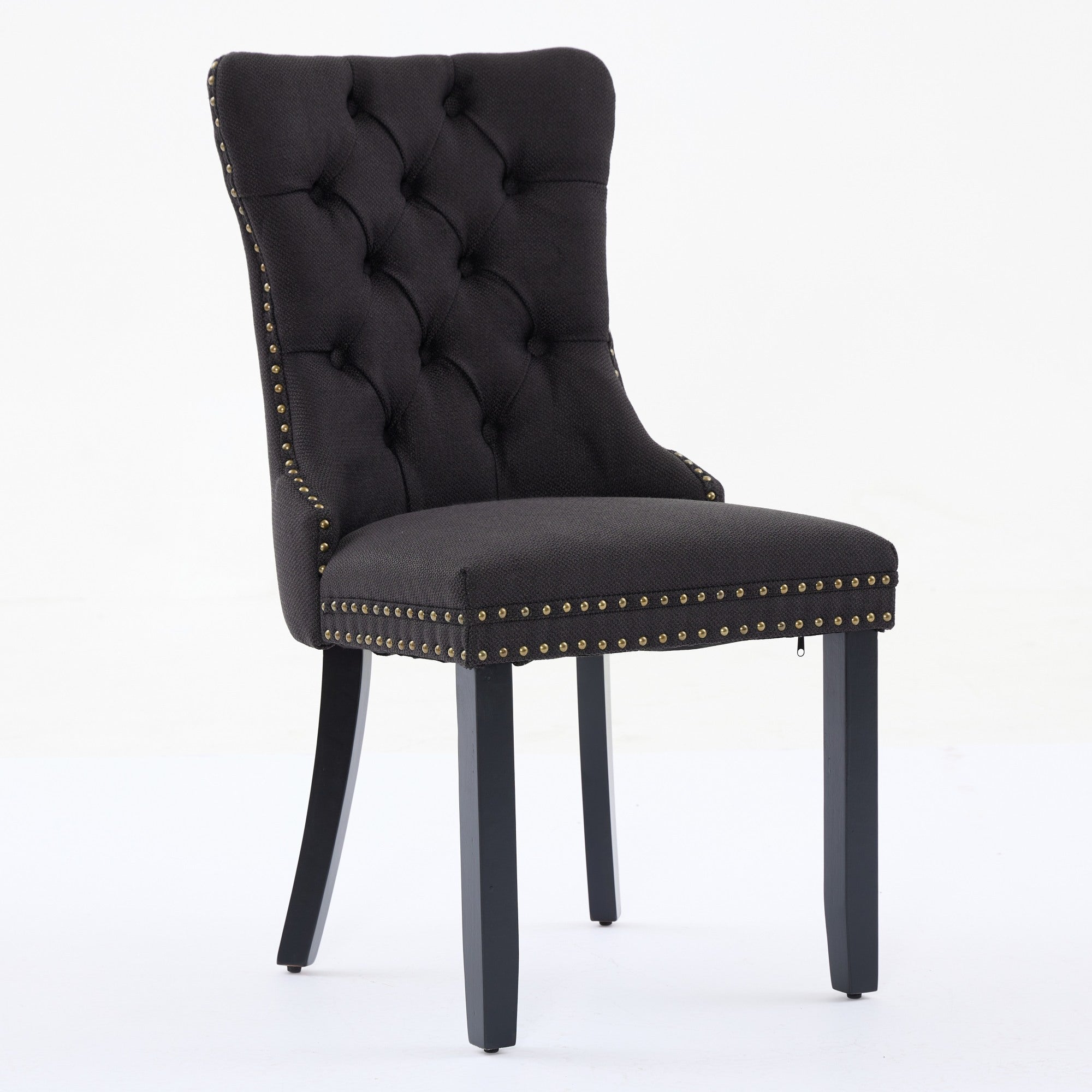 Rosewick Modern Tufted Linen Nailhead Trim Solid Wood Upholstered Dining Chair with Black Legs, Set of 2