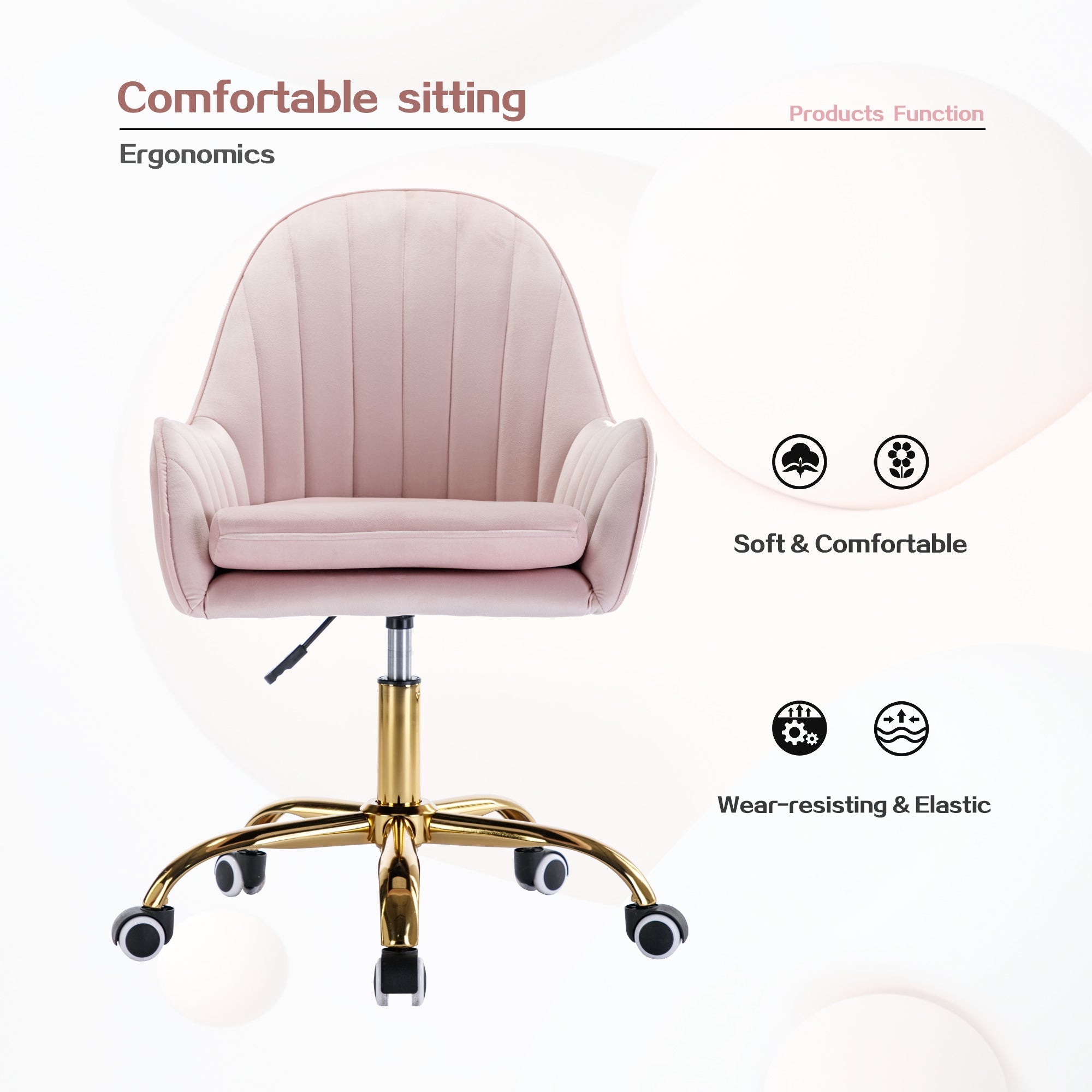 Velvet Home Office Chair with Wheels and Gold Metal Base