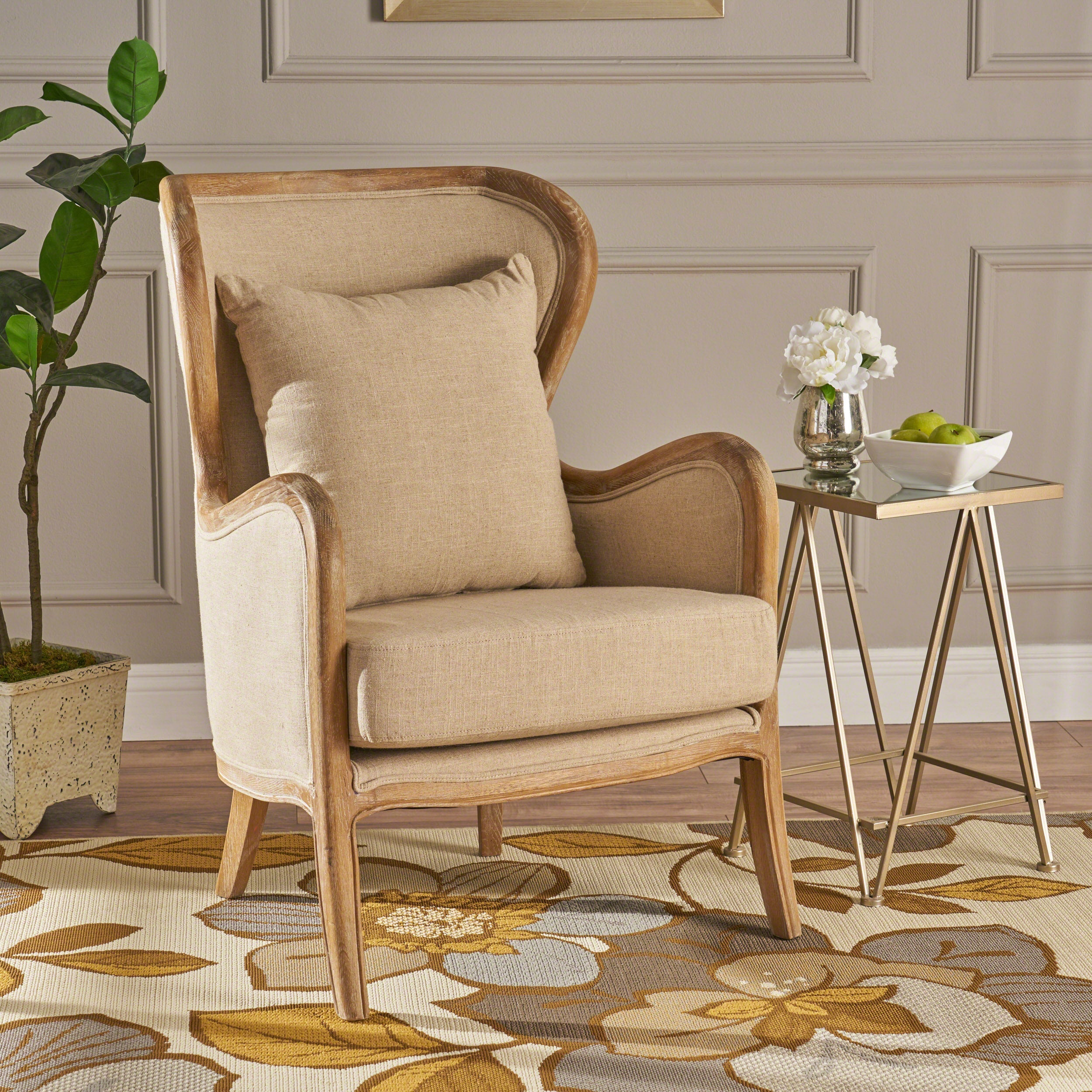 Crenshaw Beige Fabric Wing Arm Chair with Oak Frame and High Back
