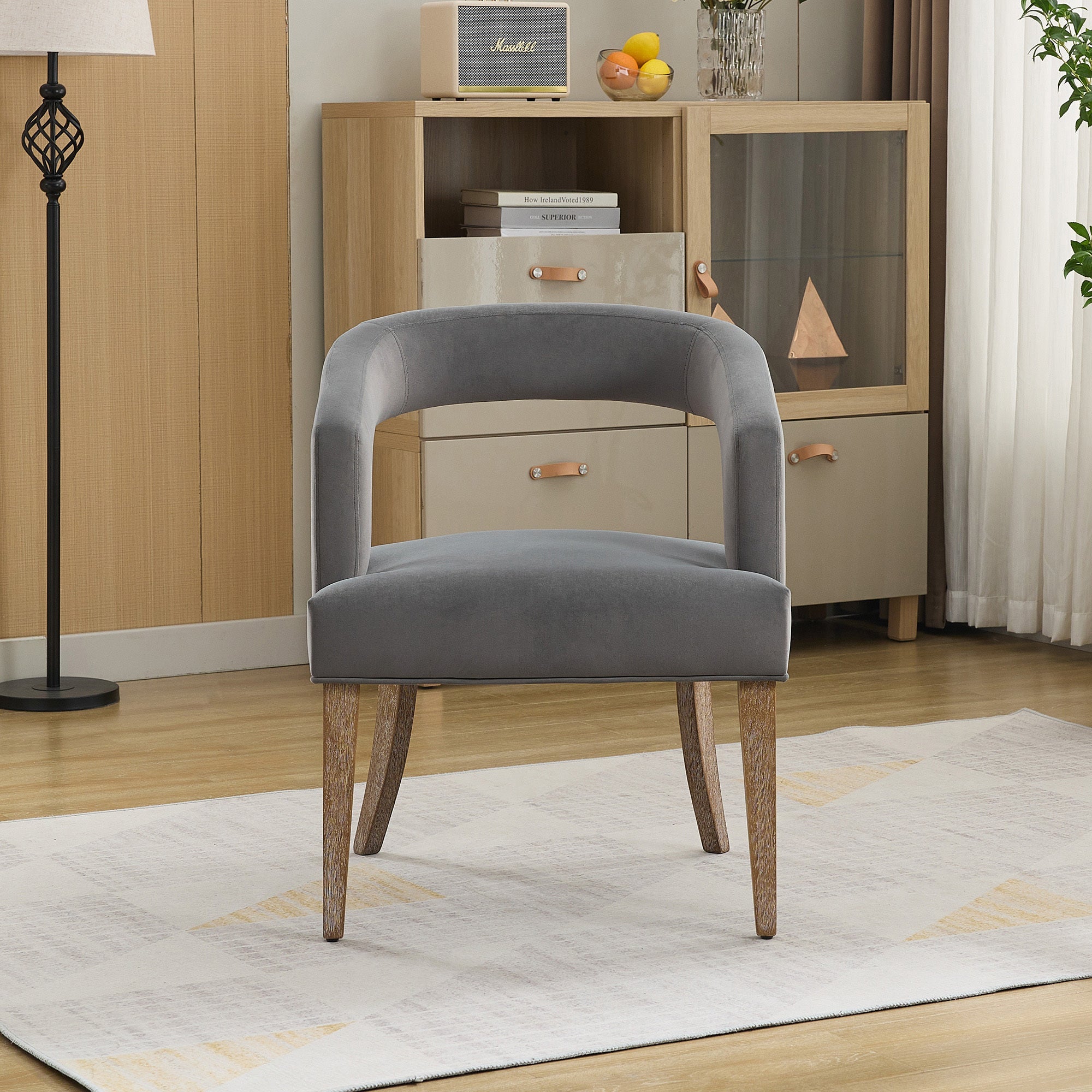 Velvet Open Back Barrel Upholstered Accent Chair with Weathered Solid Wood Legs