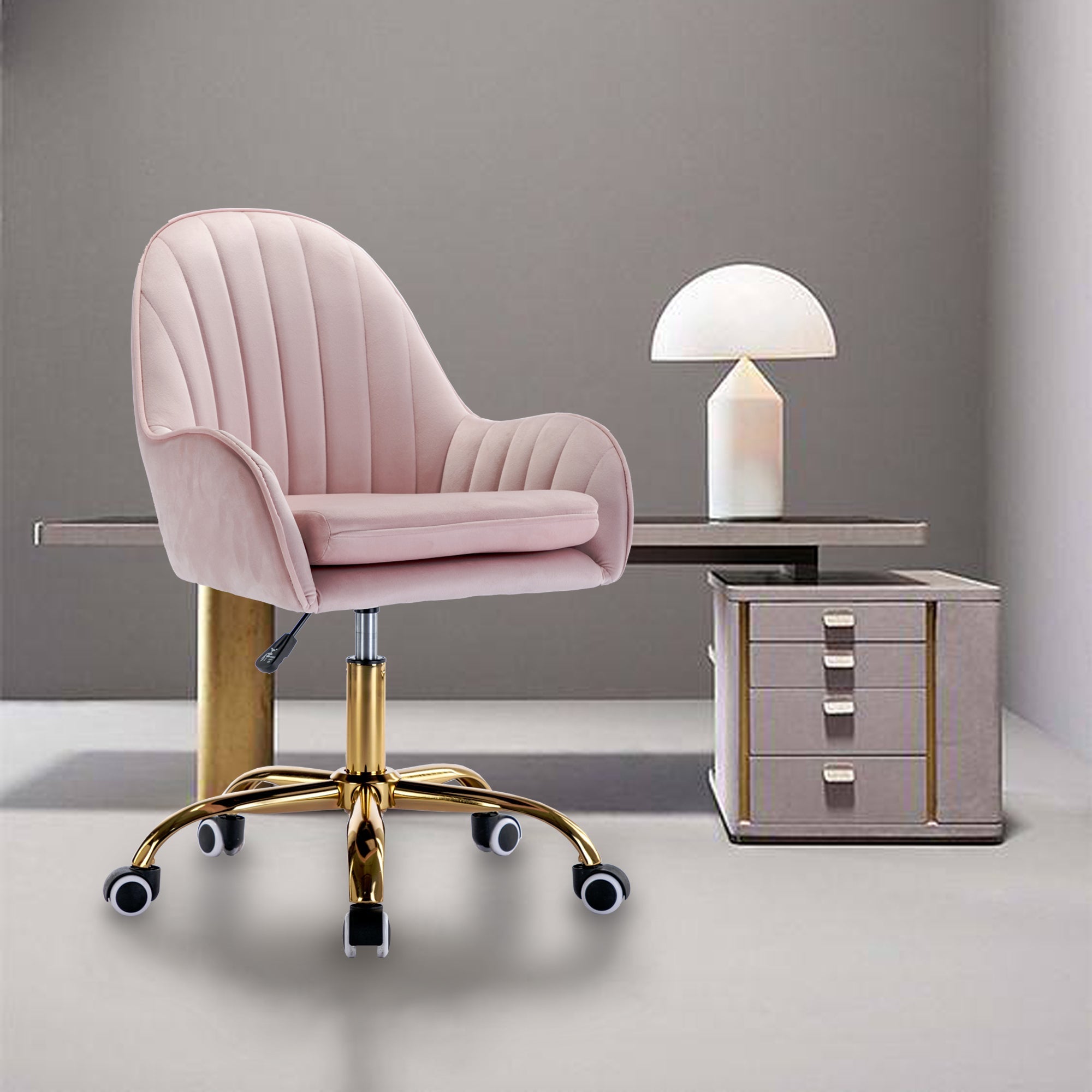 Velvet Home Office Chair with Wheels and Gold Metal Base