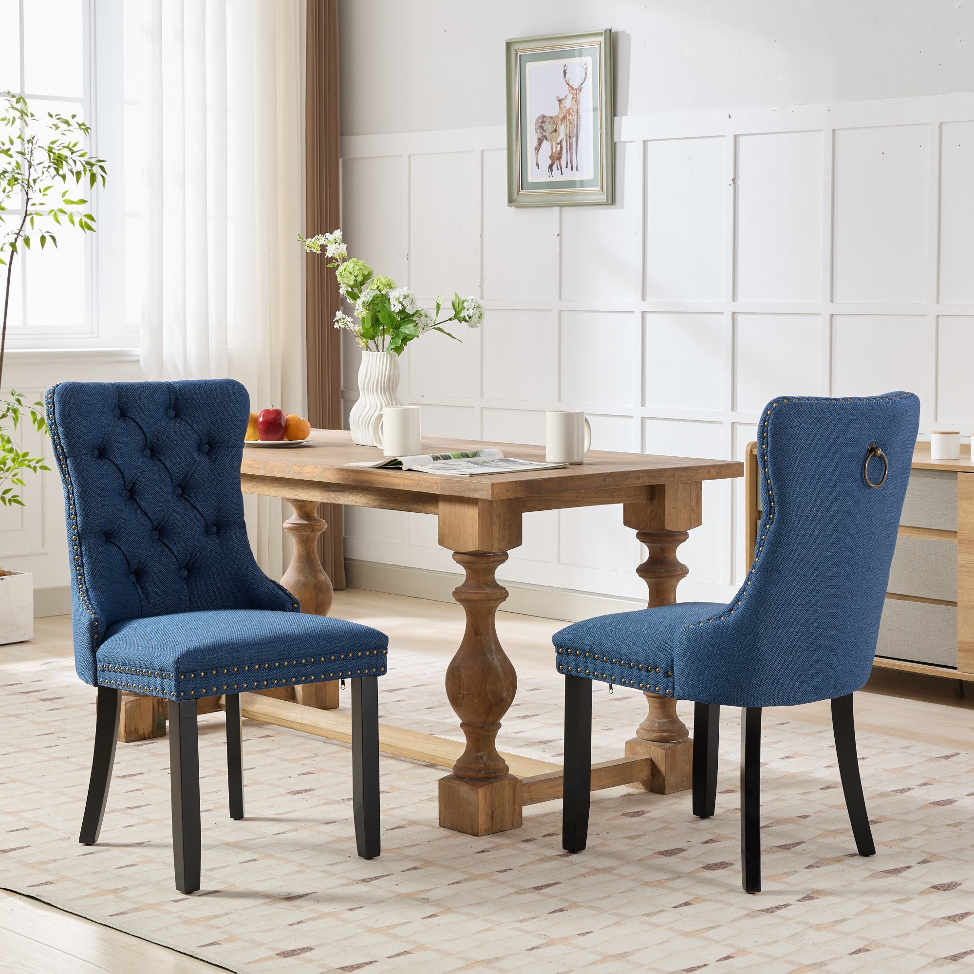 Rosewick Modern Tufted Linen Nailhead Trim Solid Wood Upholstered Dining Chair with Black Legs, Set of 2