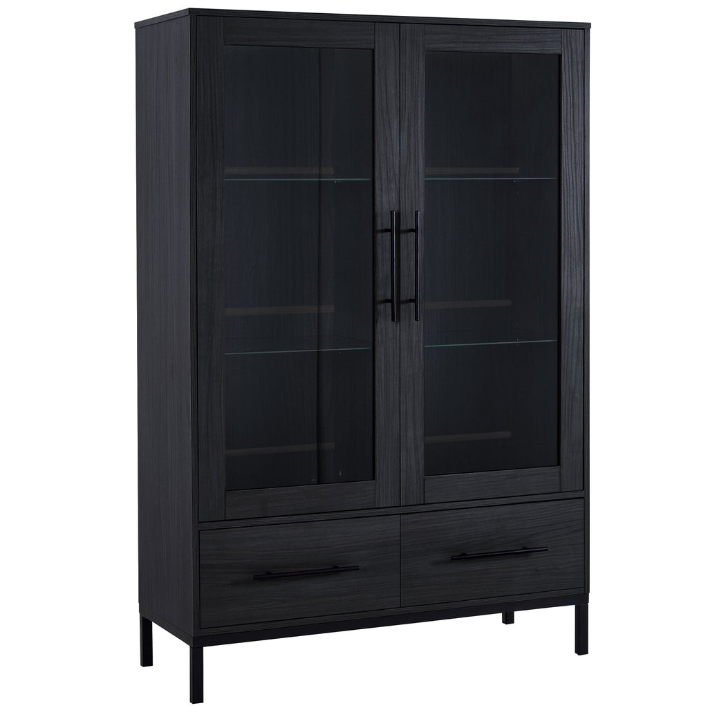 Wide Farmhouse Storage Cabinet with 4-Tier Adjustable Glass Shelves