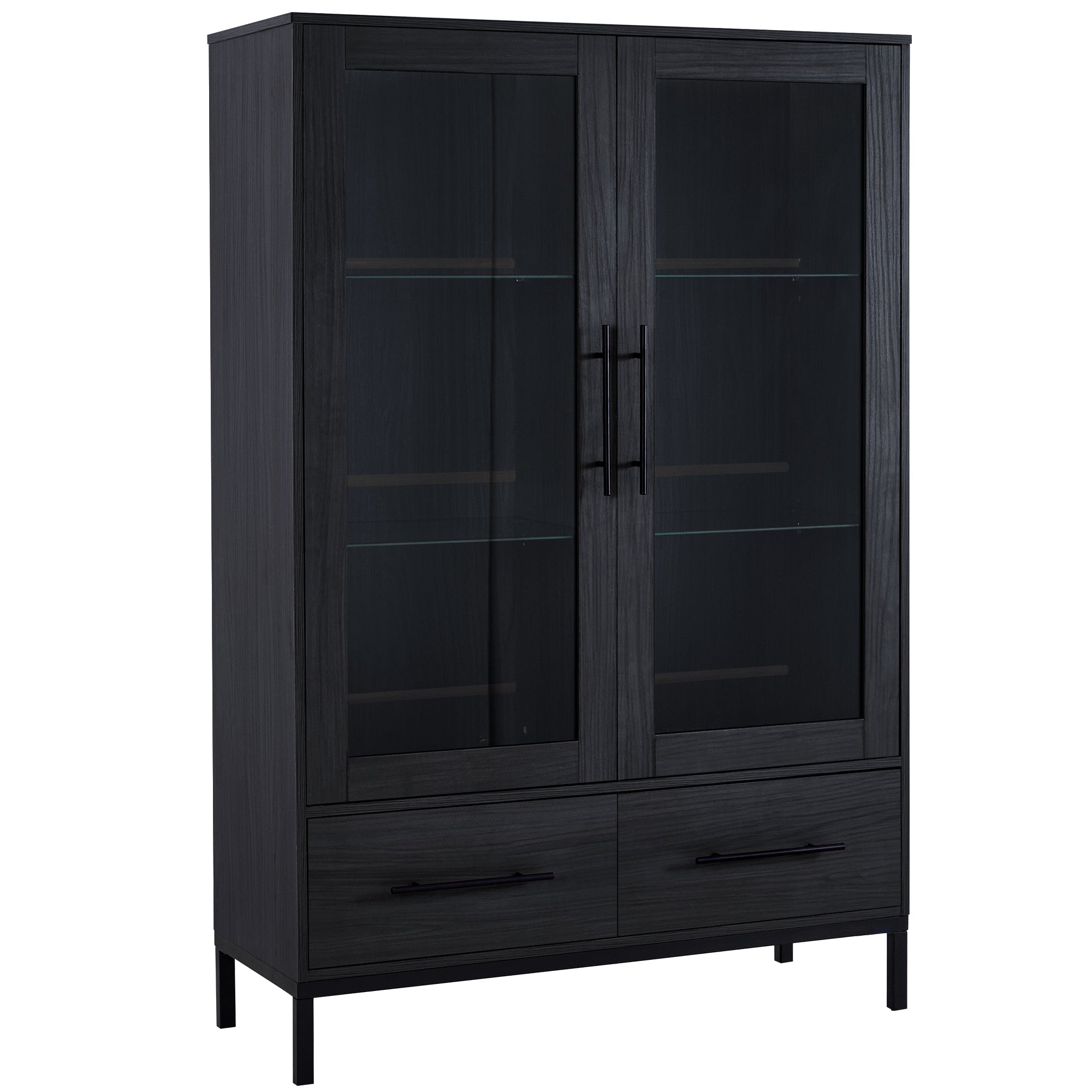 Wide Farmhouse Storage Cabinet with 4-Tier Adjustable Glass Shelves
