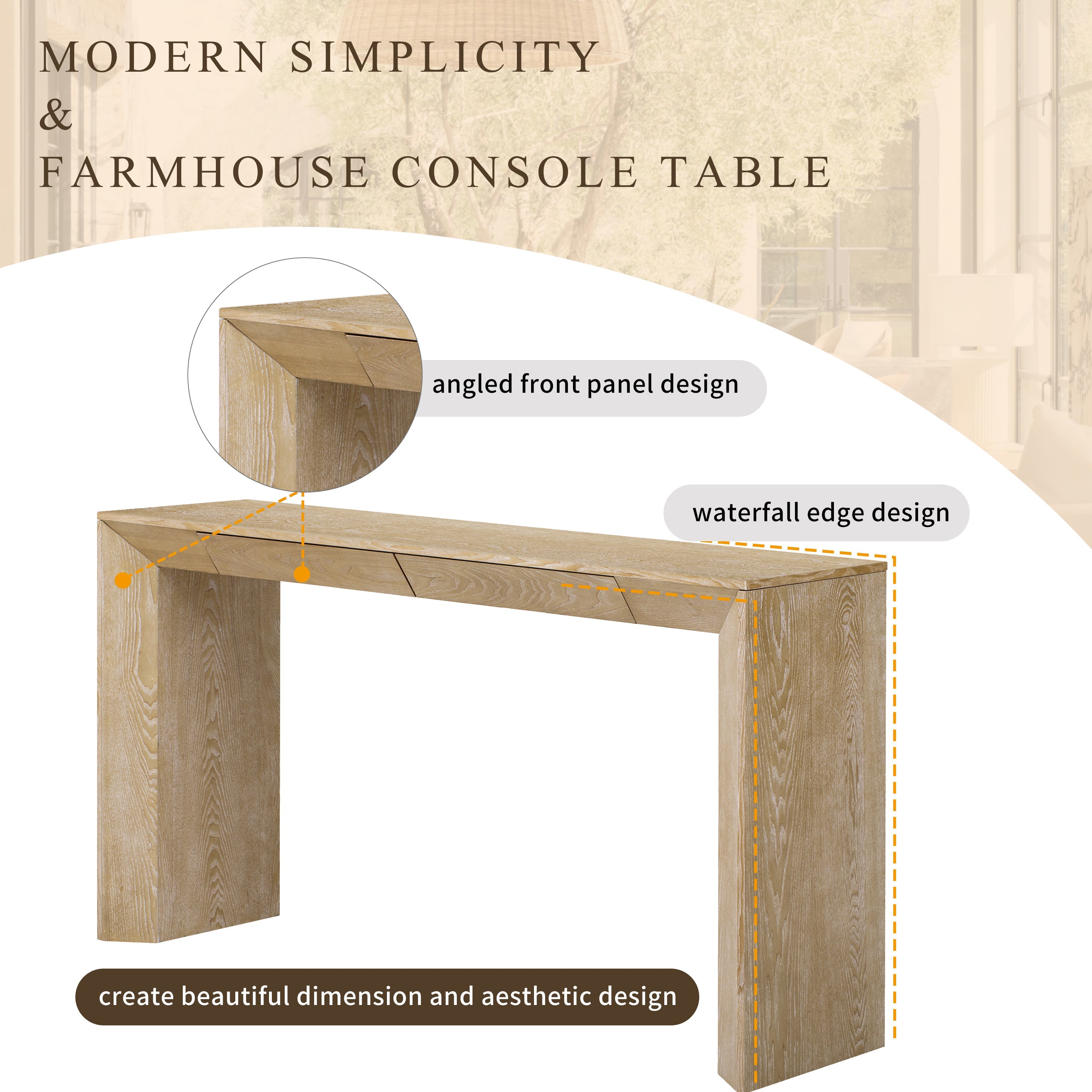 Modern Farmhouse Waterfall Console Table with 2 Concealed Drawers
