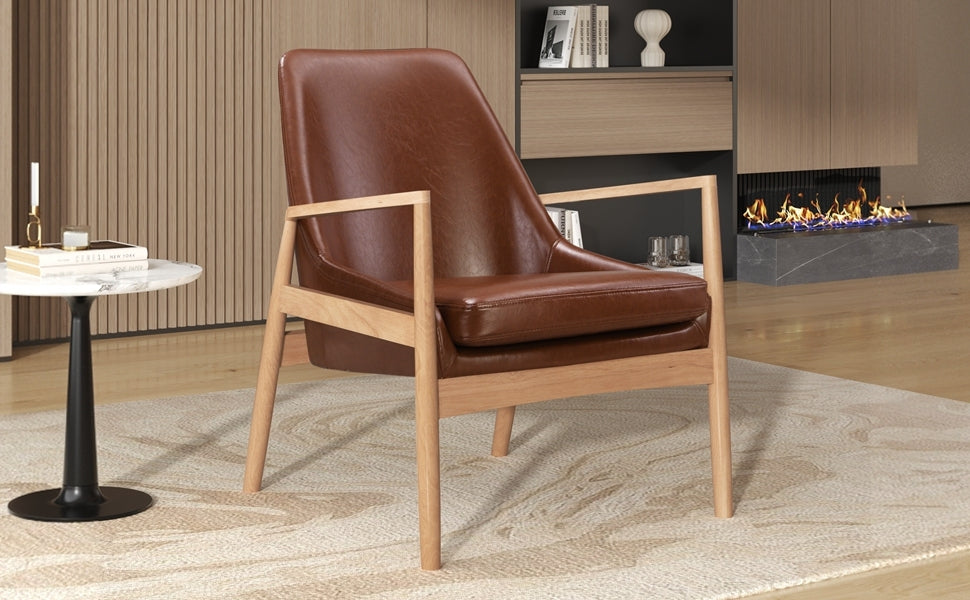 Faux Leather Mid-Century Modern Armchair with Solid Wood Frame