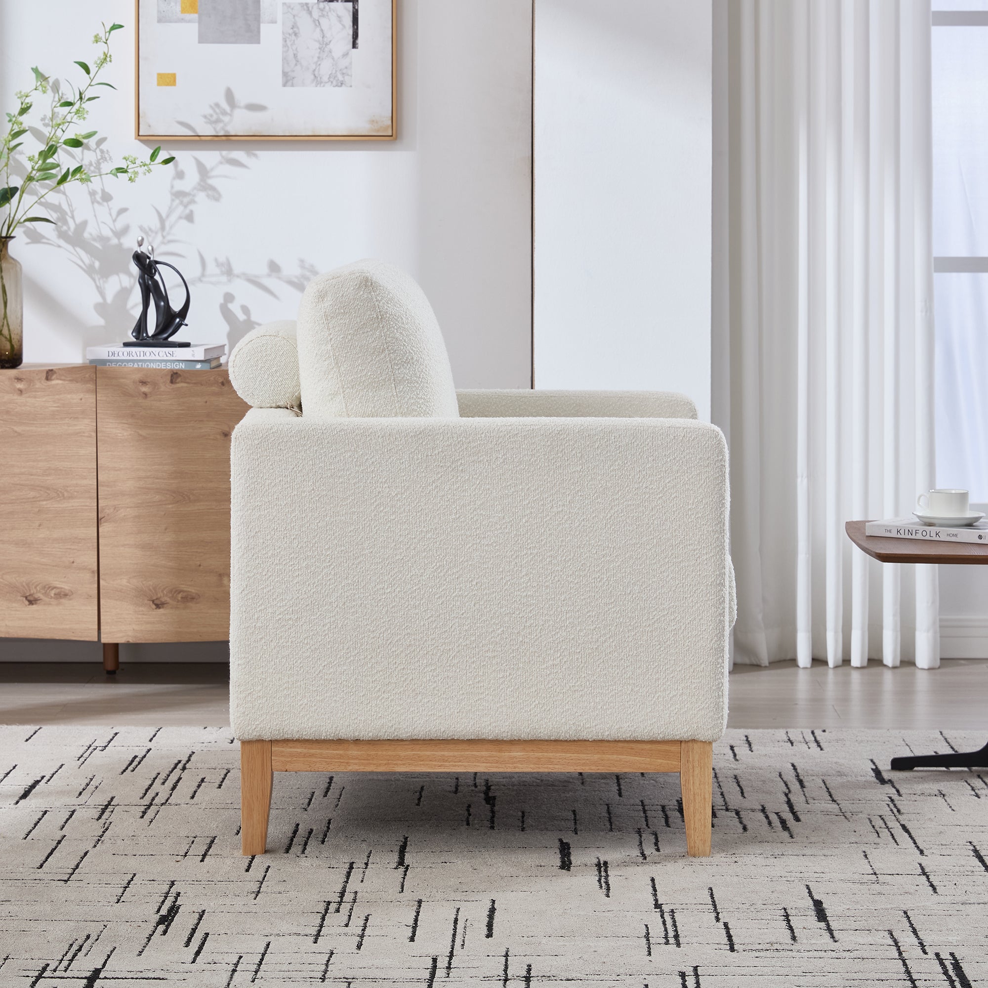 Wide Modern Farmhouse Performance Boucle Accent Chair with Natural Wood Legs and Two Bolster Pillows