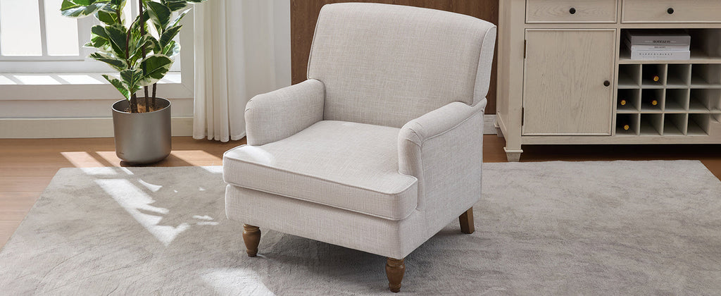 Benton Upholstered Linen Fabric Armchair with Antique Solid Wood Legs