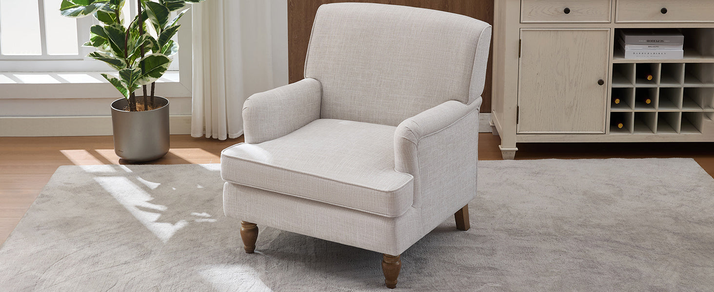 Benton Upholstered Linen Fabric Armchair with Antique Solid Wood Legs