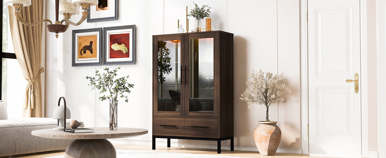 Wide Farmhouse Storage Cabinet with 4-Tier Adjustable Glass Shelves
