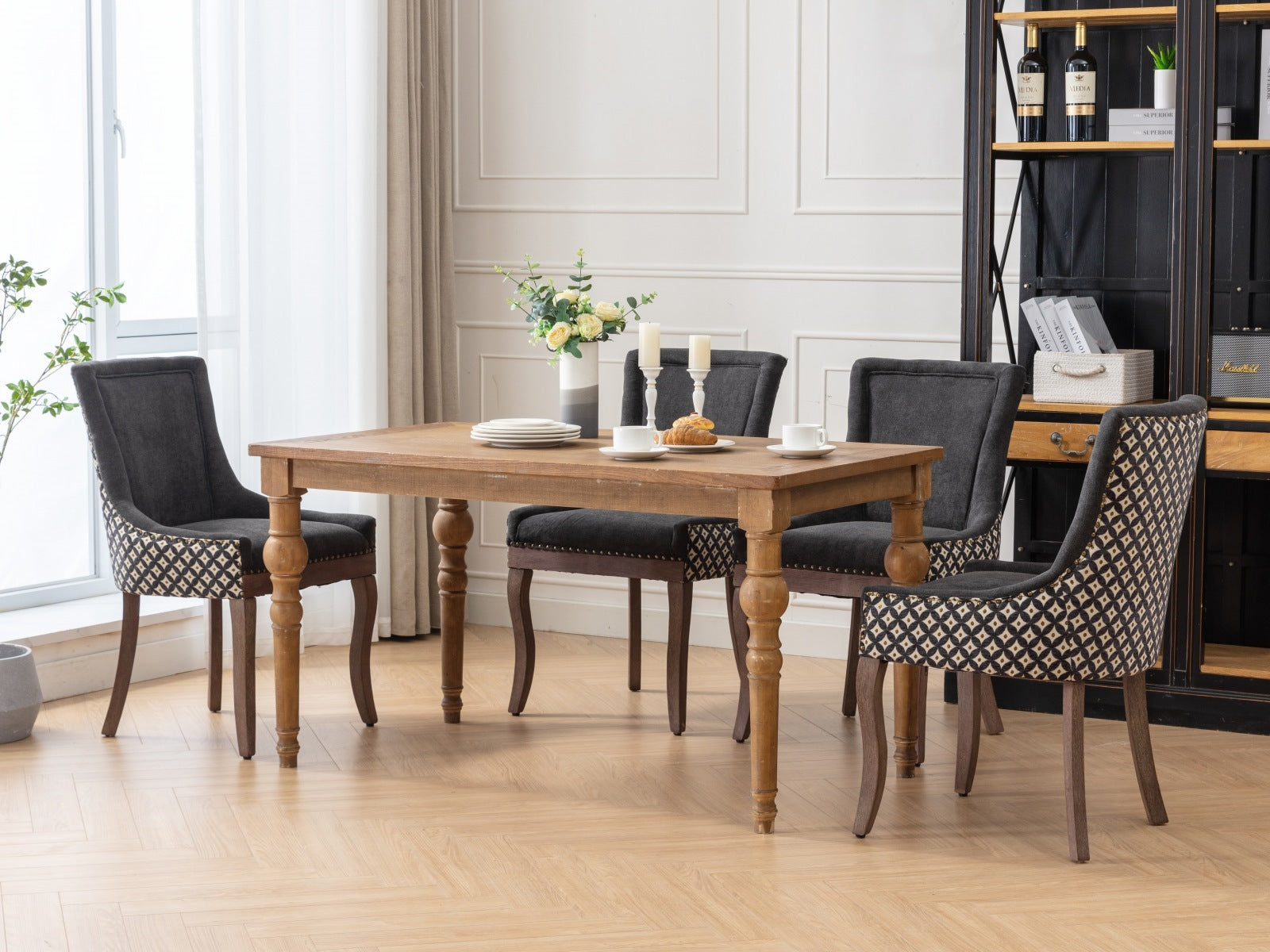 Square Patterned Back Upholstered Dining Chair with Bronze Nailhead Trim, Set of 2