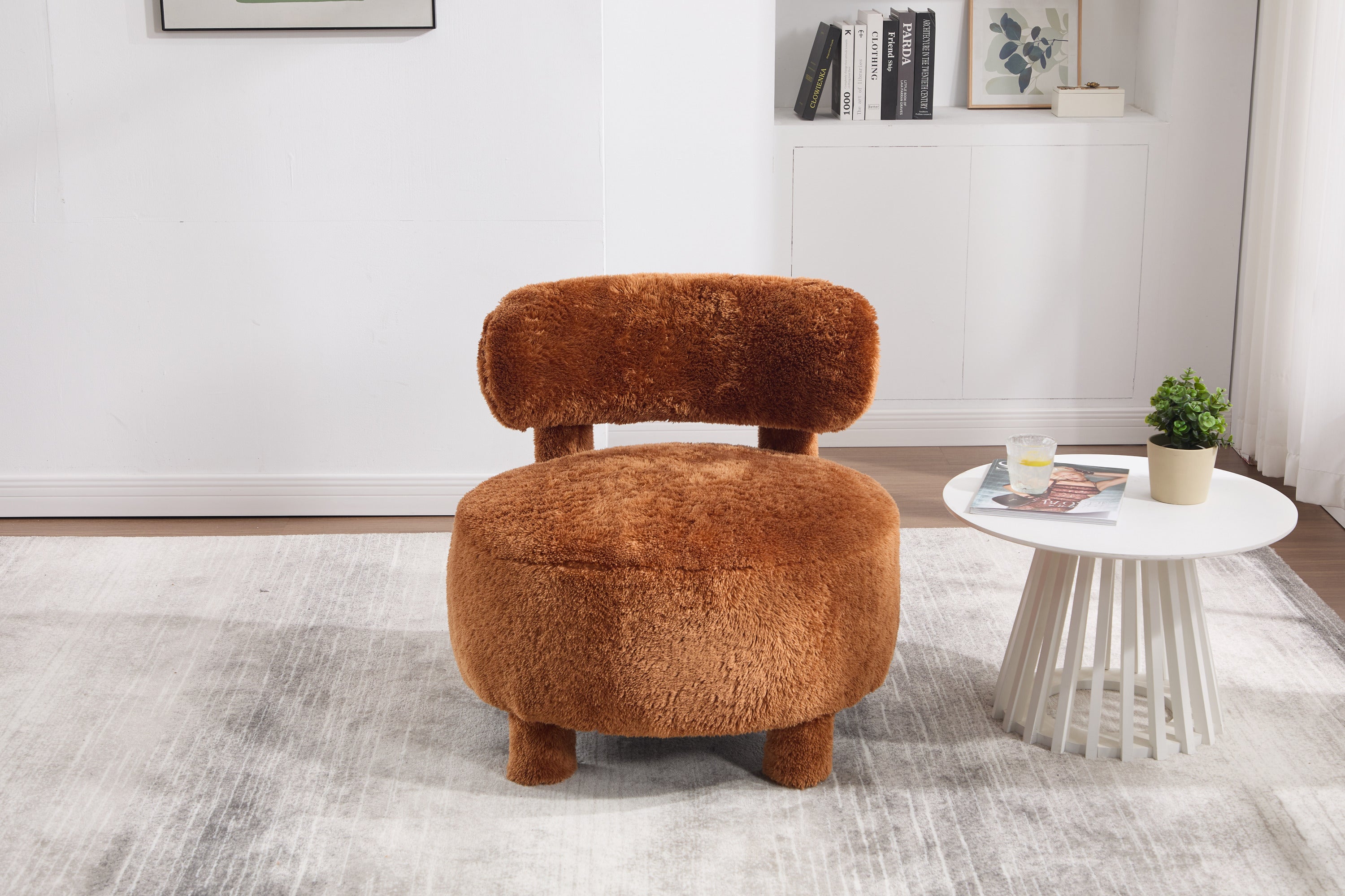 Fuzzy Armless Accent Chair with Curved Backrest and Solid Wooden Legs
