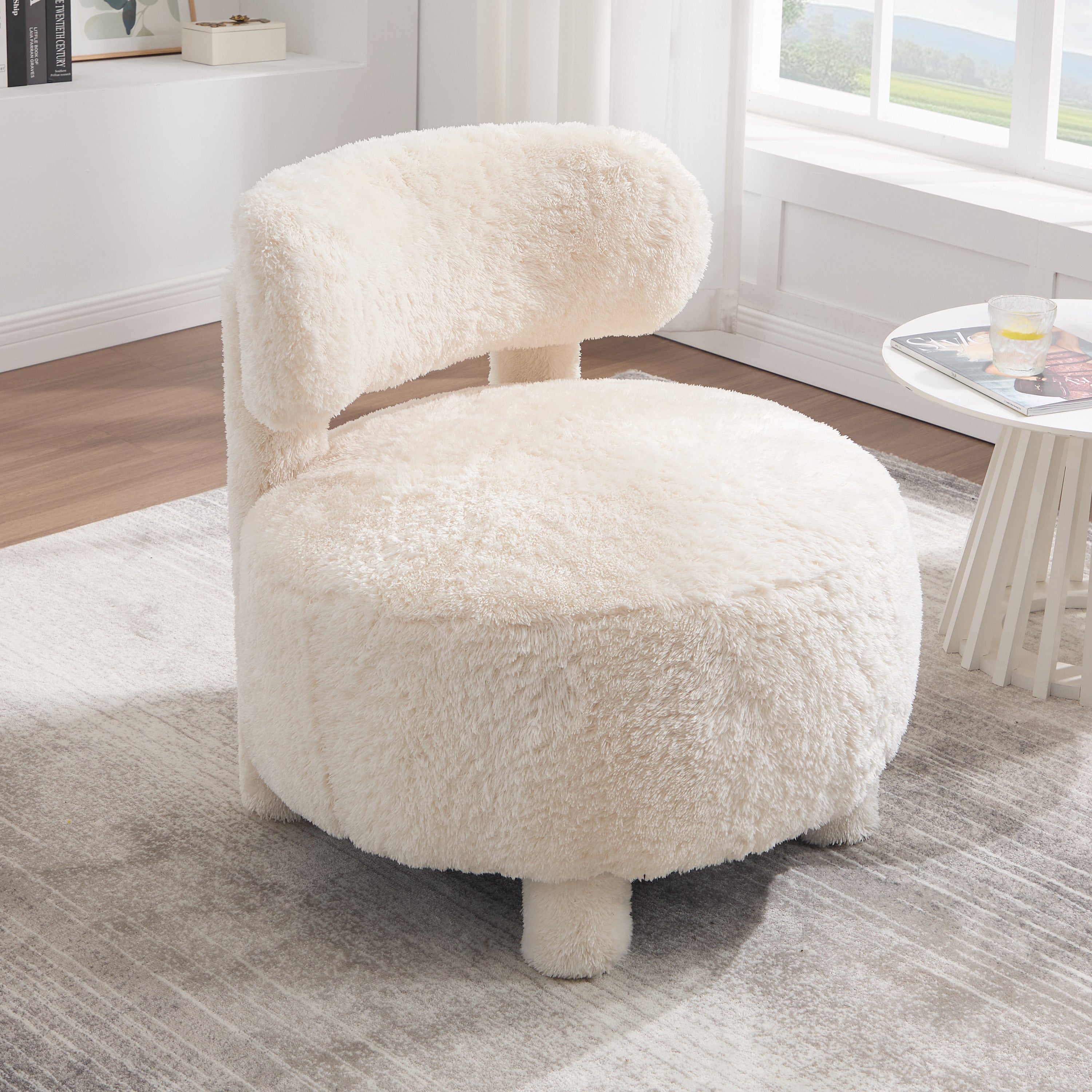 Fuzzy Armless Accent Chair with Curved Backrest and Solid Wooden Legs