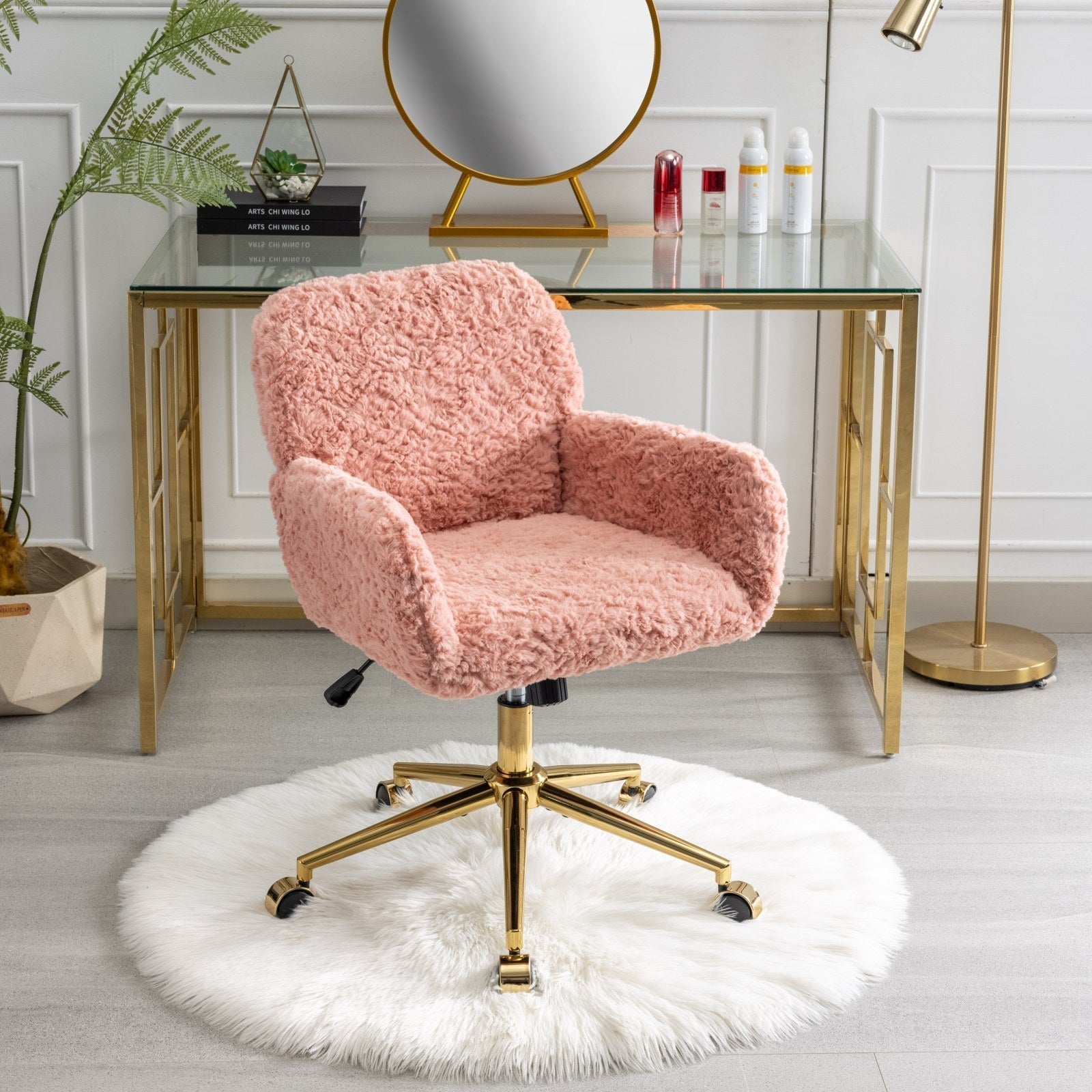 Faux Rabbit Hair Office Chair with Golden Metal Base, Adjustable Swivel