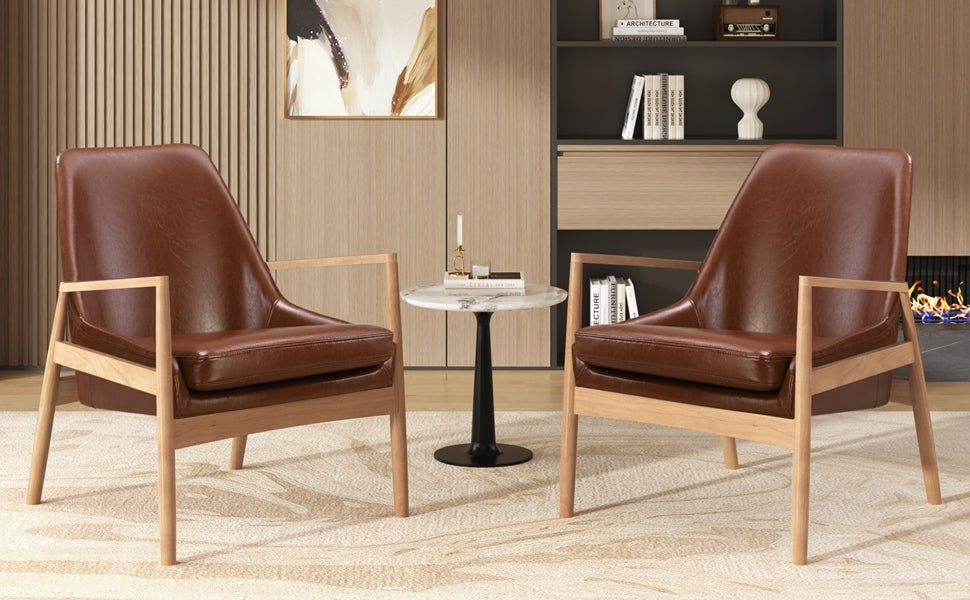 Brown Faux Leather Mid-Century Modern Armchair with Solid Wood Frame, Set of 2