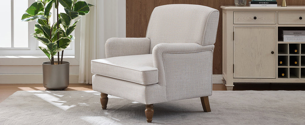 Benton Upholstered Linen Fabric Armchair with Antique Solid Wood Legs