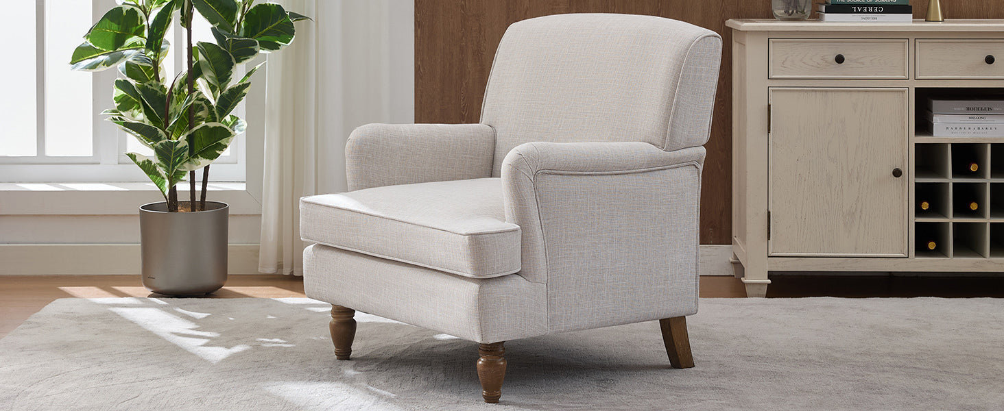 Benton Upholstered Linen Fabric Armchair with Antique Solid Wood Legs