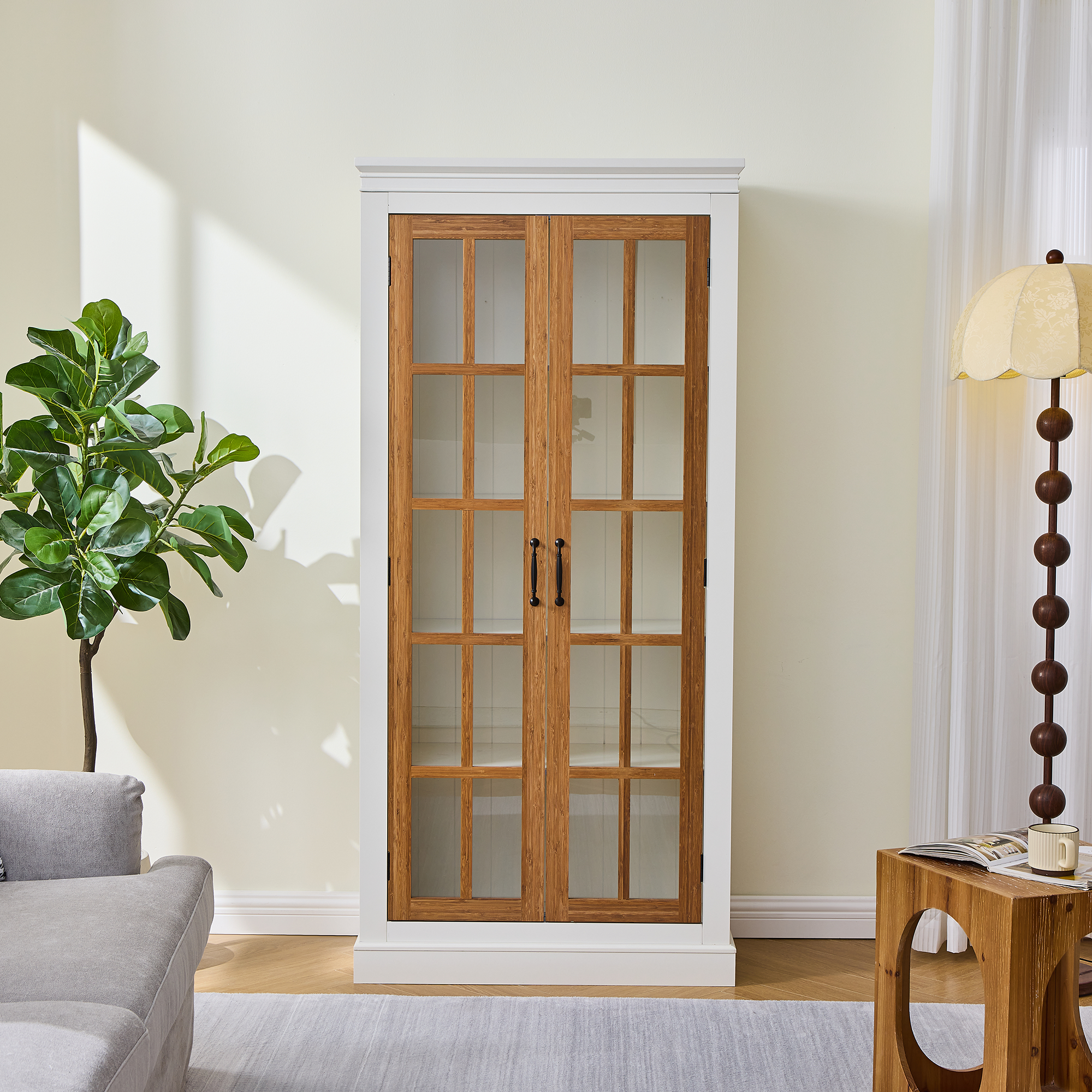 Rustic Style Display Cabinet with Glass Doors