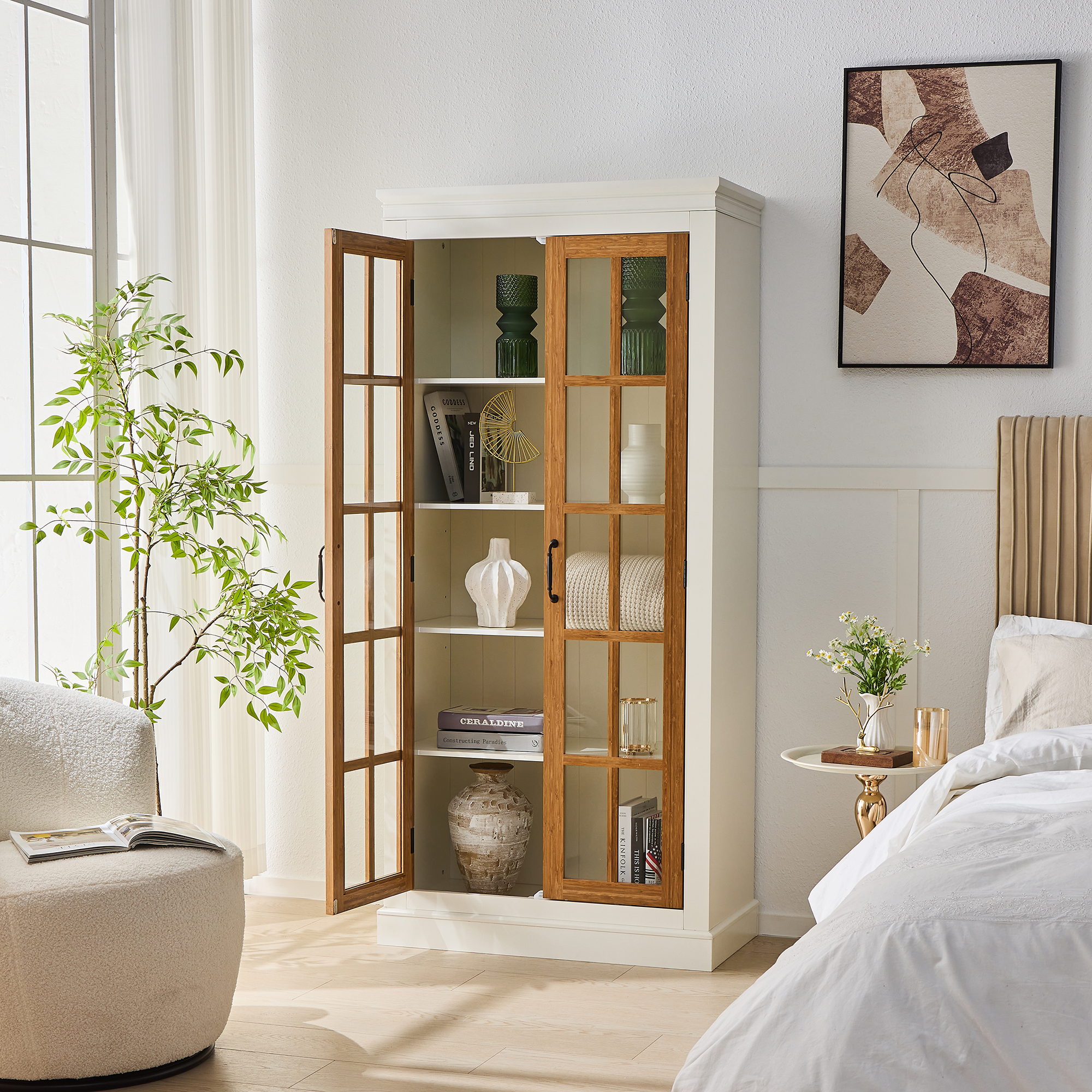 Rustic Style Display Cabinet with Glass Doors