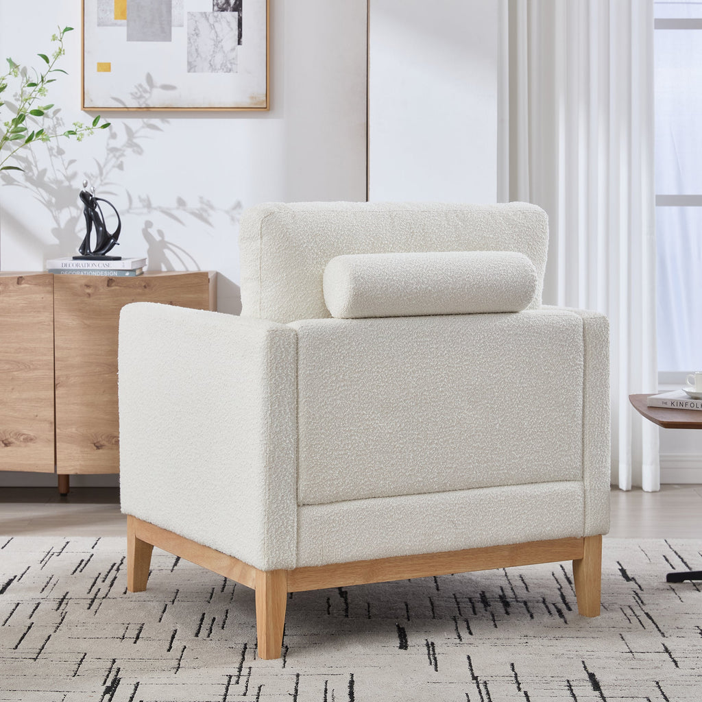 Wide Modern Farmhouse Performance Boucle Accent Chair with Natural Wood Legs and Two Bolster Pillows