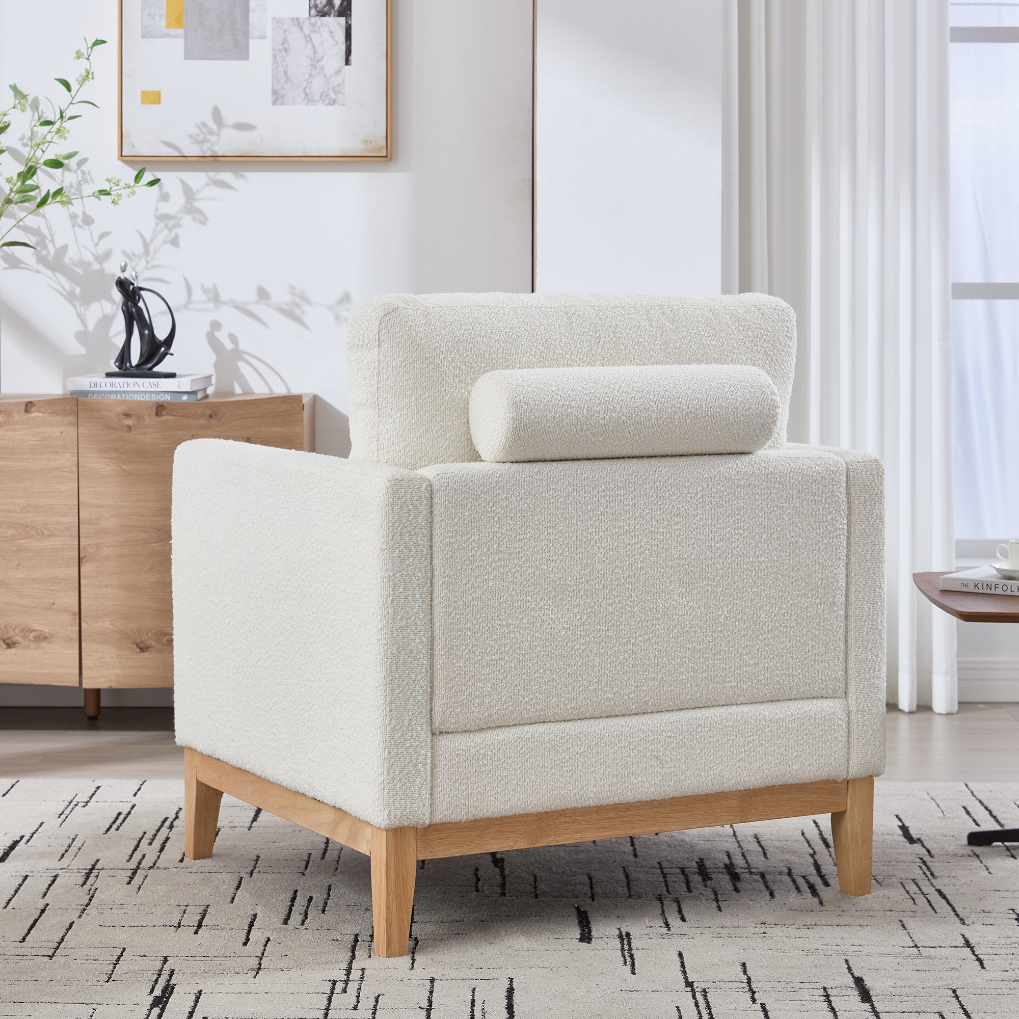 Wide Modern Farmhouse Performance Boucle Accent Chair with Natural Wood Legs and Two Bolster Pillows