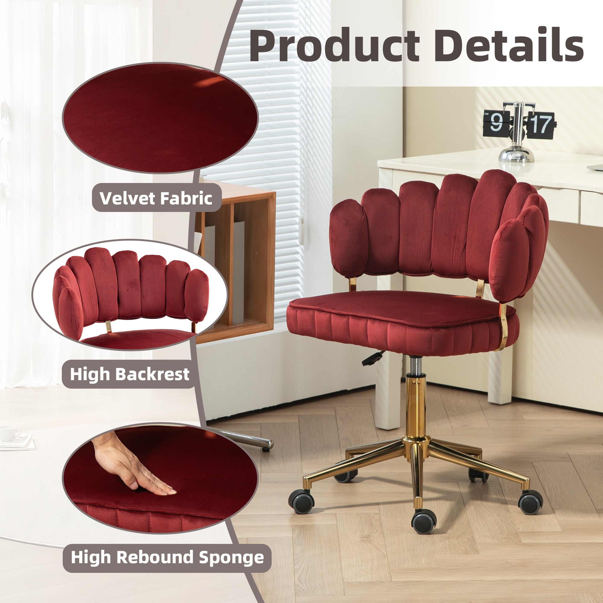 Modern Velvet Home Office Desk Chair with Adjustable Height and Swivel Wheels
