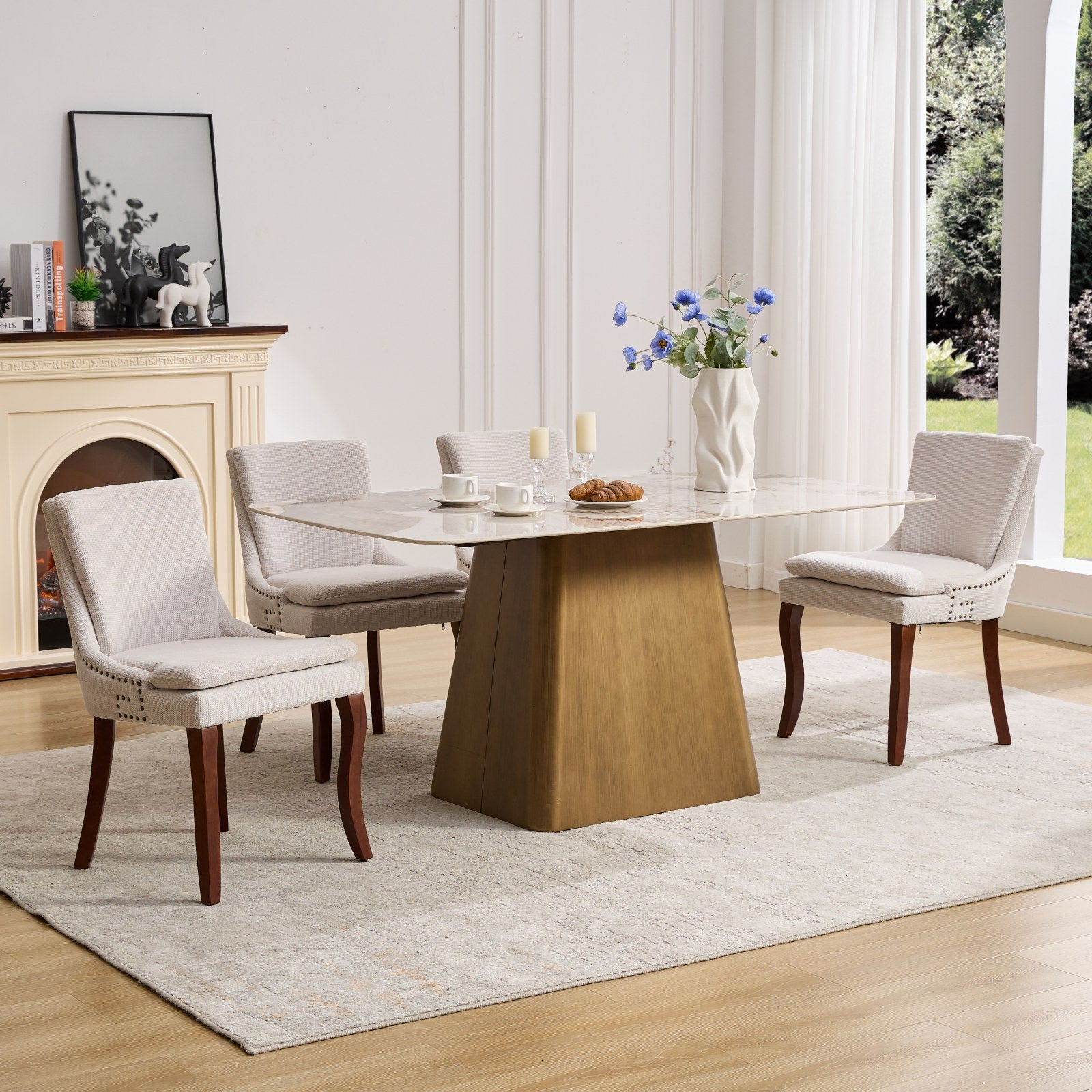 ChenilleUpholstered Dining Chairs with Curved Solid Wood Legs, Set of 2